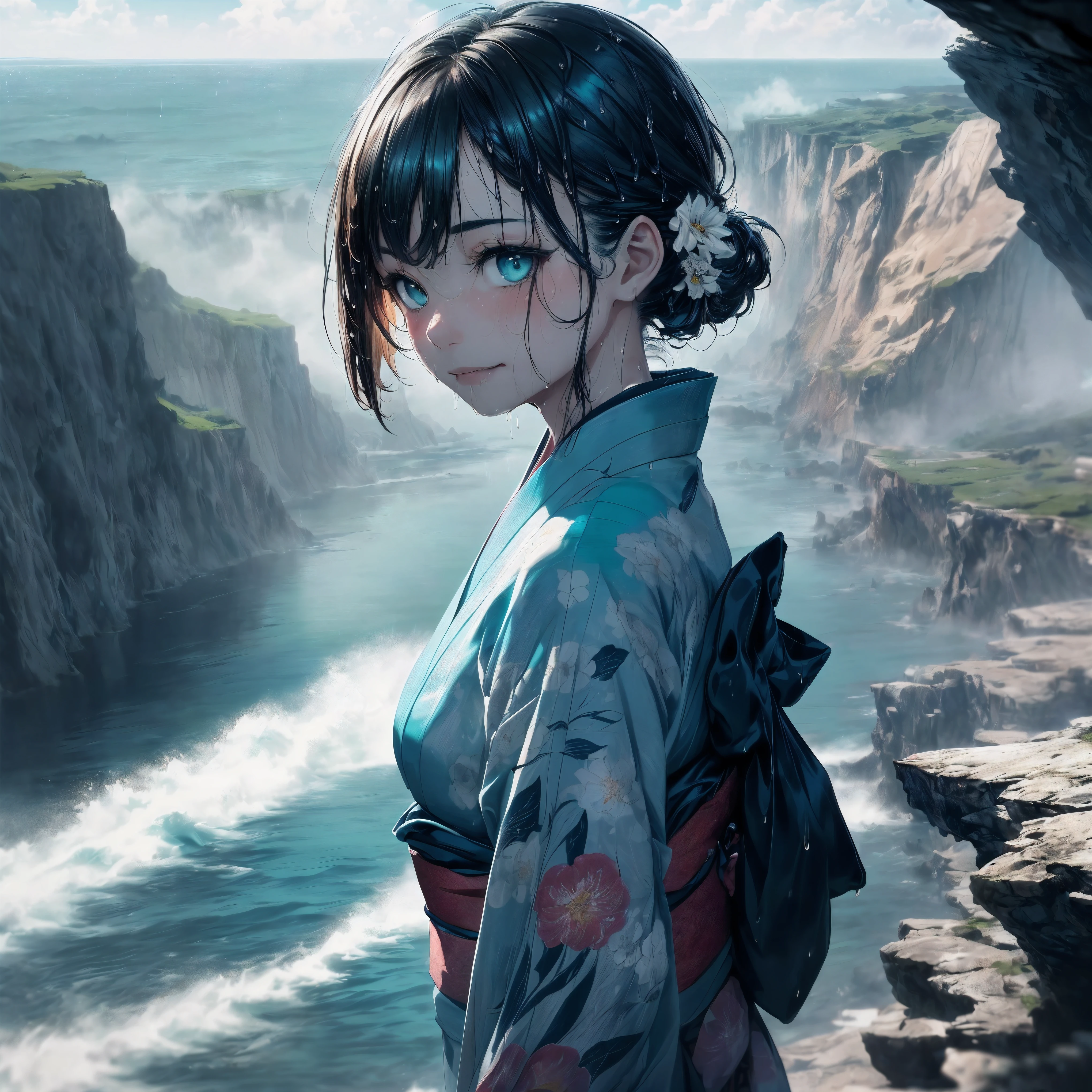 (Throw), (A 7 year old girl:1.2), (Very young little girl), (alone), (small breasts), (wide angle), bitter smile, original photo, Atmospheric distance perception, aesthetic, complex, won, cybernetic enhancement, chiaroscuro, best quality, Detailed background, (hazy atmosphere:1.2), (cloudy day),((Girl in teal 棉质kimono:1.2)), 棉质kimono, 棉质kimono, The best wrinkles, real wrinkles, best shade, Wind, (walk through (薄雾黑暗岩石cliff)), (It's raining, downpour, raindrop), (real location), Exquisite and beautiful eyes, casual gesture, Detailed texture, pose, (Anatomically correct body, Detailed face, (非常Detailed texturekimono与花卉图案), (wet, wet face, Mucus wrap, (very wet texture kimono), (wet hair), (black hair), thick hair, hair accessories, kimono, Heart, outdoor, pagoda, petal, 色彩缤纷的kimono, sash, ((cliff), the sea below cliff, (Raging sea, spray), Beautiful and detailed sea water),Sky, wide sleeves, yukata, (cloudy, downpours)
