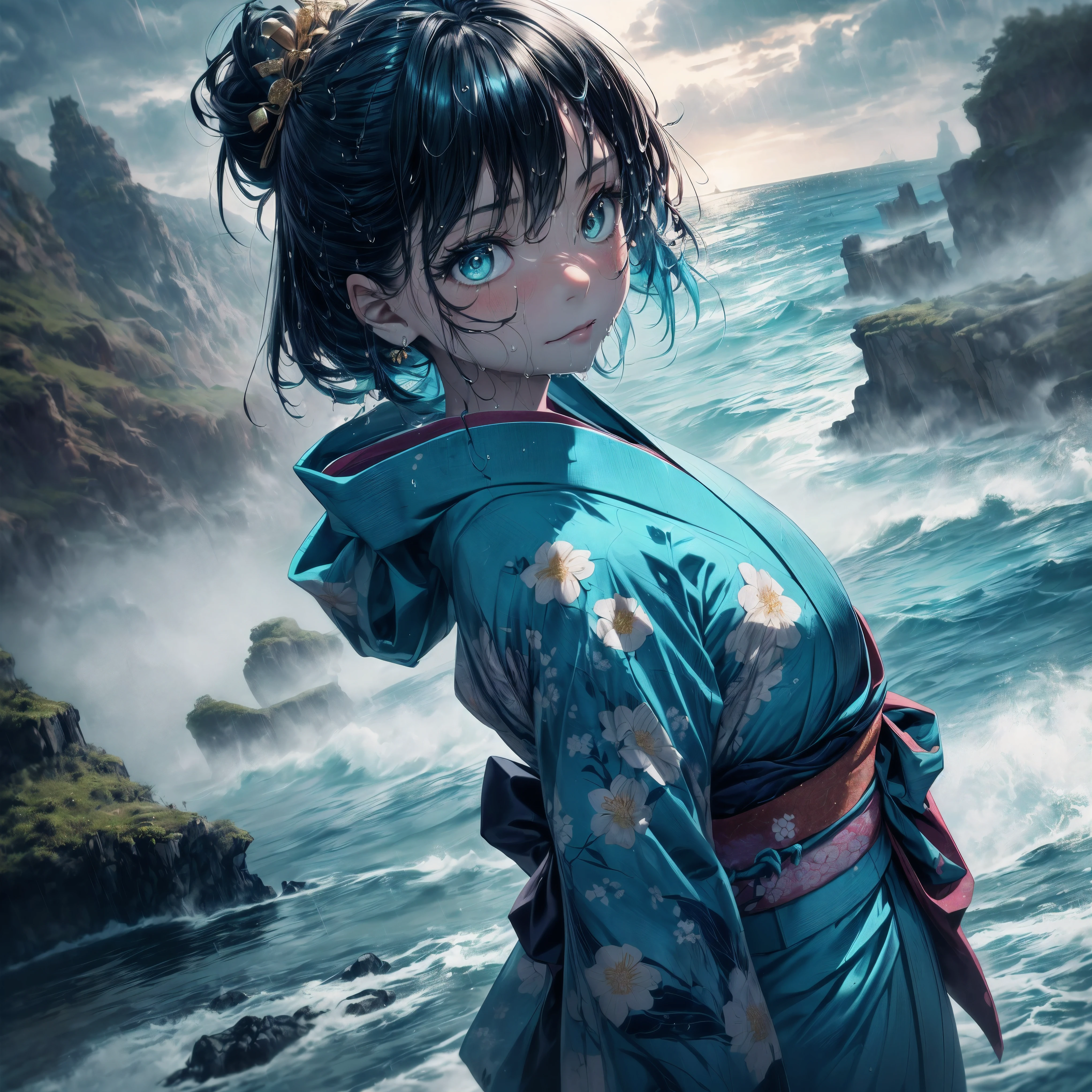 (Throw), (A 7 year old girl:1.2), (Very young little girl), (alone), (small breasts), (wide angle), bitter smile, original photo, Atmospheric distance perception, aesthetic, complex, won, cybernetic enhancement, chiaroscuro, best quality, Detailed background, (hazy atmosphere:1.2), (cloudy day),((Girl in teal 棉质kimono:1.2)), 棉质kimono, 棉质kimono, The best wrinkles, real wrinkles, best shade, Wind, (walk through (薄雾黑暗岩石cliff)), (It's raining, downpour, raindrop), (real location), Exquisite and beautiful eyes, casual gesture, Detailed texture, pose, (Anatomically correct body, Detailed face, (非常Detailed texturekimono与花卉图案), (wet, wet face, Mucus wrap, (very wet texture kimono), (wet hair), (black hair), thick hair, hair accessories, kimono, Heart, outdoor, pagoda, petal, 色彩缤纷的kimono, sash, ((cliff), the sea below cliff, (Raging sea, spray), Beautiful and detailed sea water)，Sky, wide sleeves, yukata, (cloudy, downpours)
