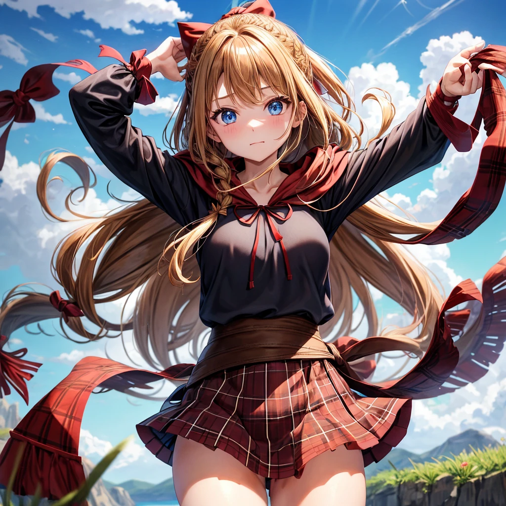 reddish-brown blonde、blue eyes、Braid、ponytail、one good looking girl、solo、anime、Plaid miniskirt、camisole、black t-shirt、Tilting your face、Doing the ribbon、Ribbon at waist、cloak、Crystal Grotto、wearing a hood、grass、clouds are swirling、slate、One hand is raised