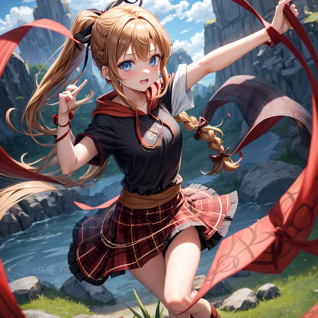 reddish-brown blonde、blue eyes、Braid、ponytail、one good looking girl、solo、anime、Plaid miniskirt、camisole、black t-shirt、Tilting your face、Doing the ribbon、Ribbon at waist、cloak、Crystal Grotto、wearing a hood、grass、clouds are swirling、slate、One hand is raised