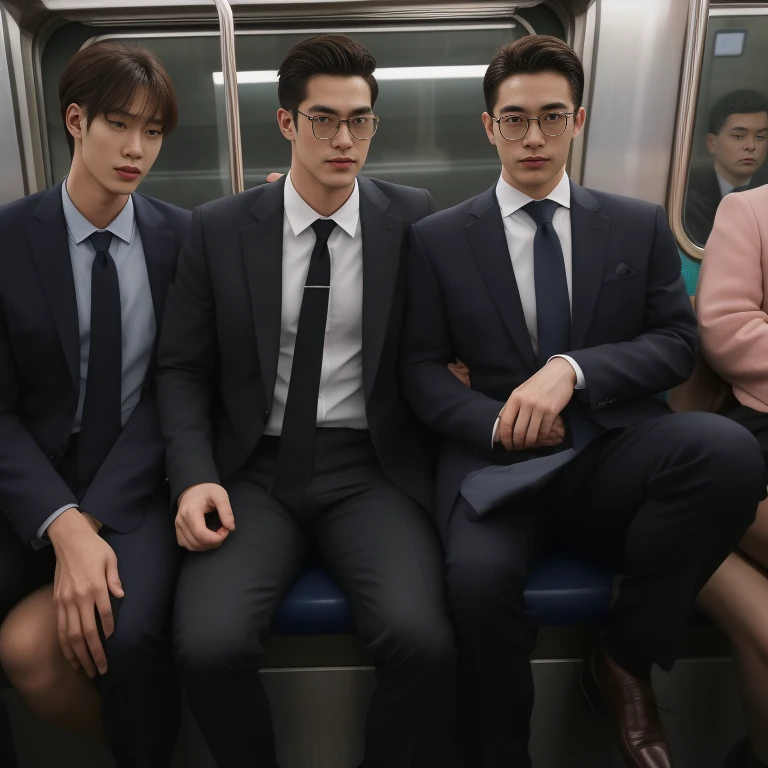 japanes、Gray suit、Commuting by train、finely detailed background、Slim Fit Pants、Cinema Stick Shots、1 male --auto