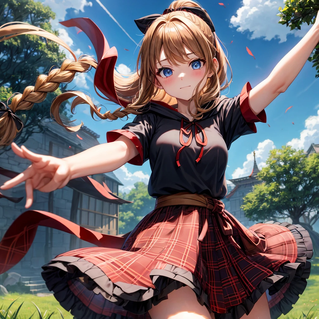 reddish-brown blonde、blue eyes、Braid、ponytail、one good looking girl、solo、anime、Plaid miniskirt、camisole、black t-shirt、Tilting your face、Doing the ribbon、Ribbon at waist、cloak、Crystal Grotto、wearing a hood、grass、clouds are swirling、slate、One hand is raised