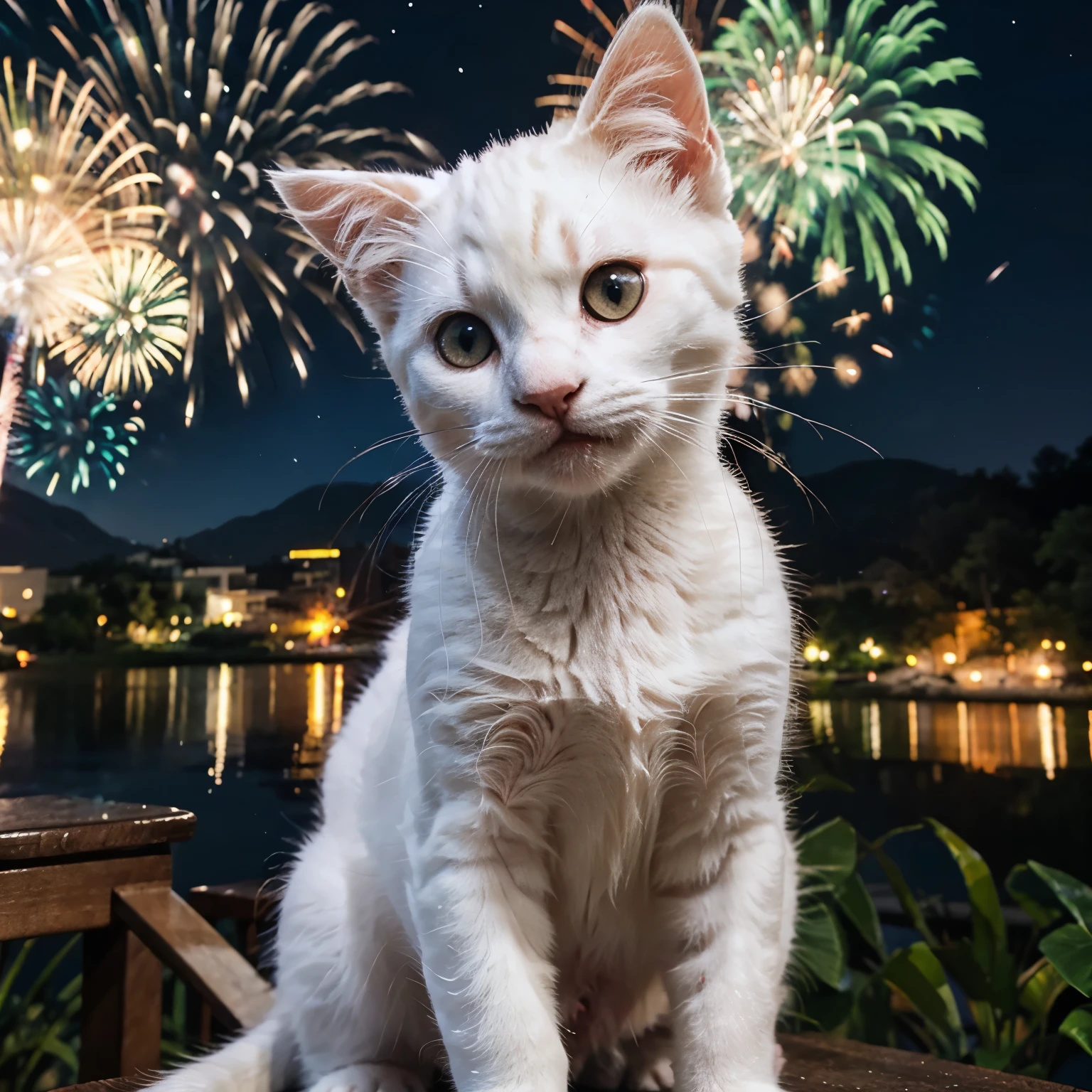 White kitten eat a fish in front of firework with night backgroung