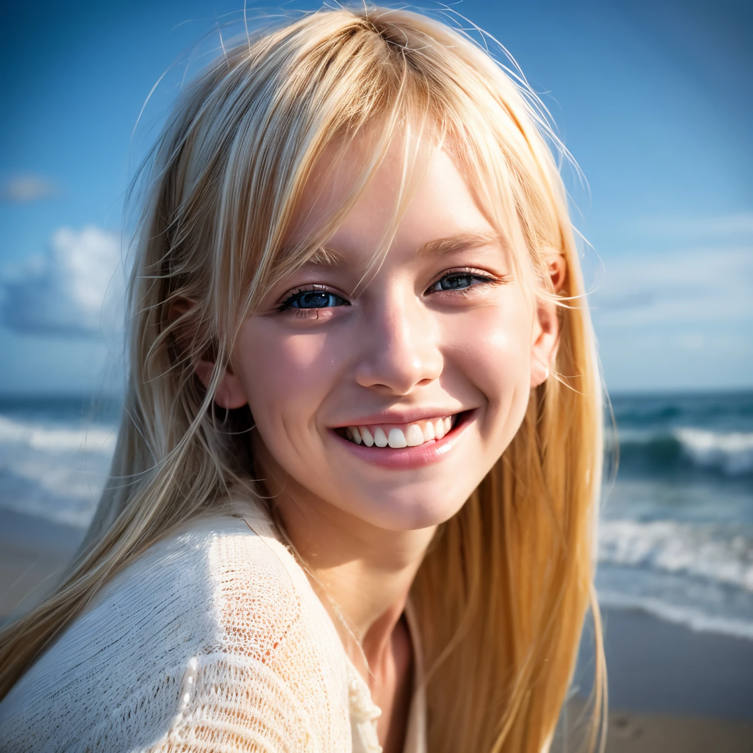 blonde girl smiling looking at the camera in the beach black eyes realistic
