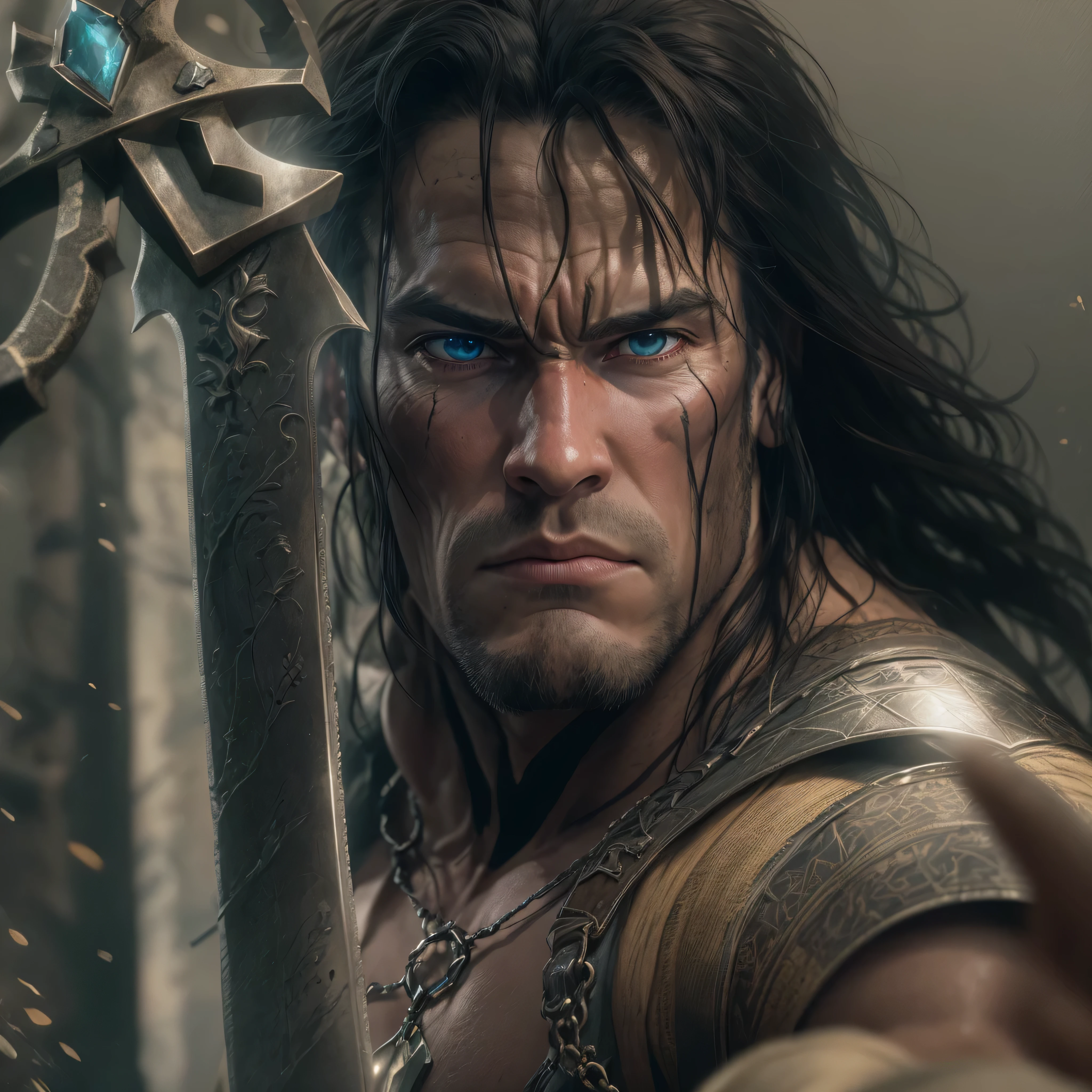 a photo of as Conan the Barbarian from Marvel comics, barbarian sword, clean shaven, Intricate, High Detail, Sharp focus, dramatic, photorealistic digital art, photo-realistic, octane render, unreal engine, ultra-realistic