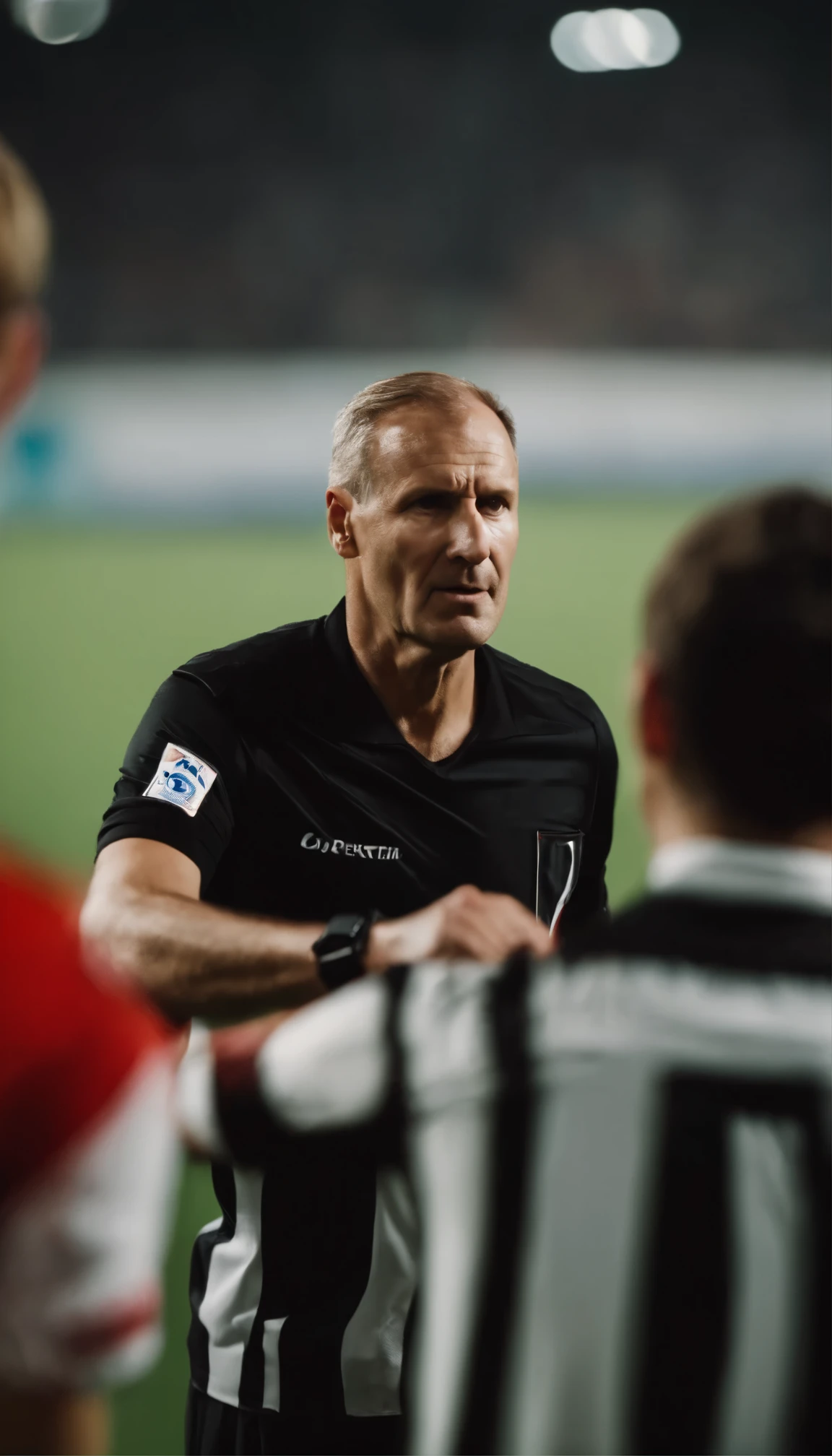 generate a realistic and close-up photo depicting a football referee showing a red card to a player. The image should focus on the intensity of the moment, with the referee's hand holding the red card in the foreground and the player's reaction and the referee's expression visible in the background. Capture the tension and drama of the situation, emphasizing the significance of the referee's decision and the impact on the player and the game."