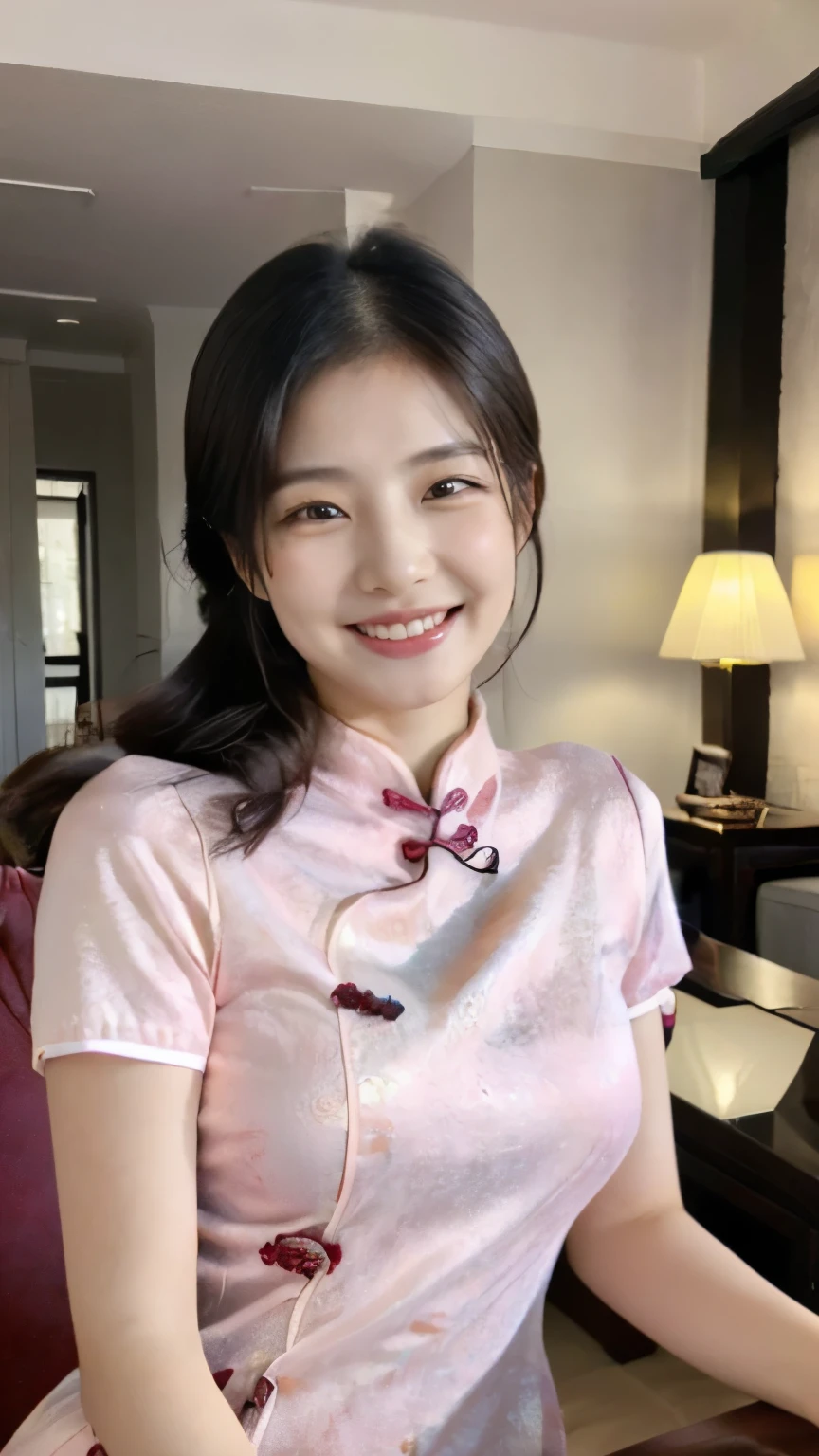 ((Highly detailed, top quality, photo-realistic, 4K)), ((Photo of a Chinese Girl)), 25 years old, (wearing pink qipao: 1.3), smiling, in a modern asian living room