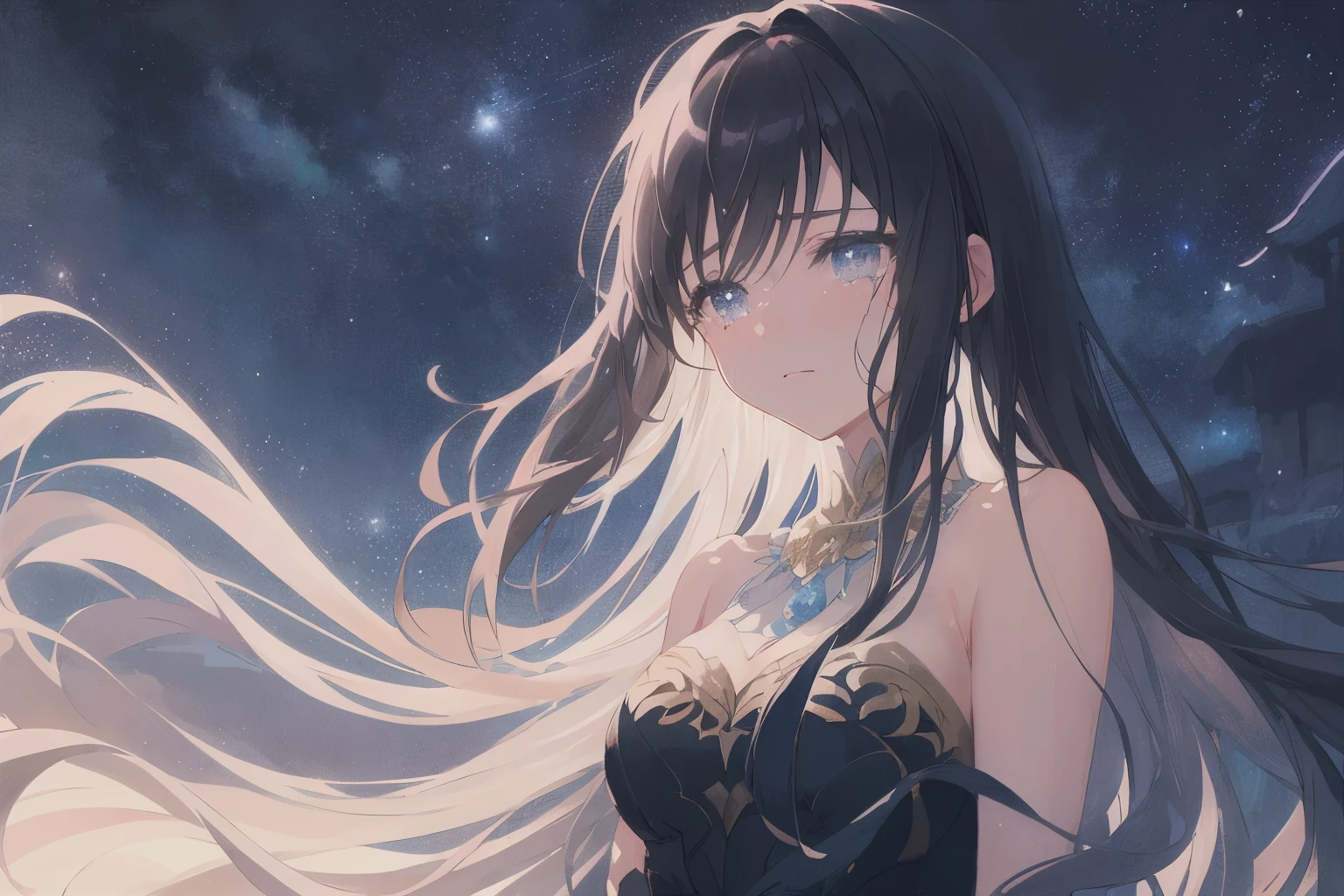 Create exquisite illustrations reminiscent of Makoto Shinkai's style, It has ultra-fine details and top-notch quality. Create a high-quality illustration of a beautiful girl crying in a fantastical night setting, ensuring meticulous attention to detail while evoking a sense of fantasy and ethereality. Picture the scene with the girl bathed in moonlight, tears glistening on her cheeks as she stands amidst a surreal landscape. Capture the enchanting atmosphere of the night, with stars twinkling overhead and mysterious shadows dancing around her. Depict the girl with soft yet sorrowful features, her beauty accentuated by the emotional turmoil reflected in her eyes. Pay close attention to the fine details of her surroundings, including the intricate textures of the night sky and the delicate play of light and shadow. Aim for a composition that conveys a sense of melancholy beauty and transcendent magic, transporting the viewer into a world where emotions and dreams intertwine. best quality, masterpiece