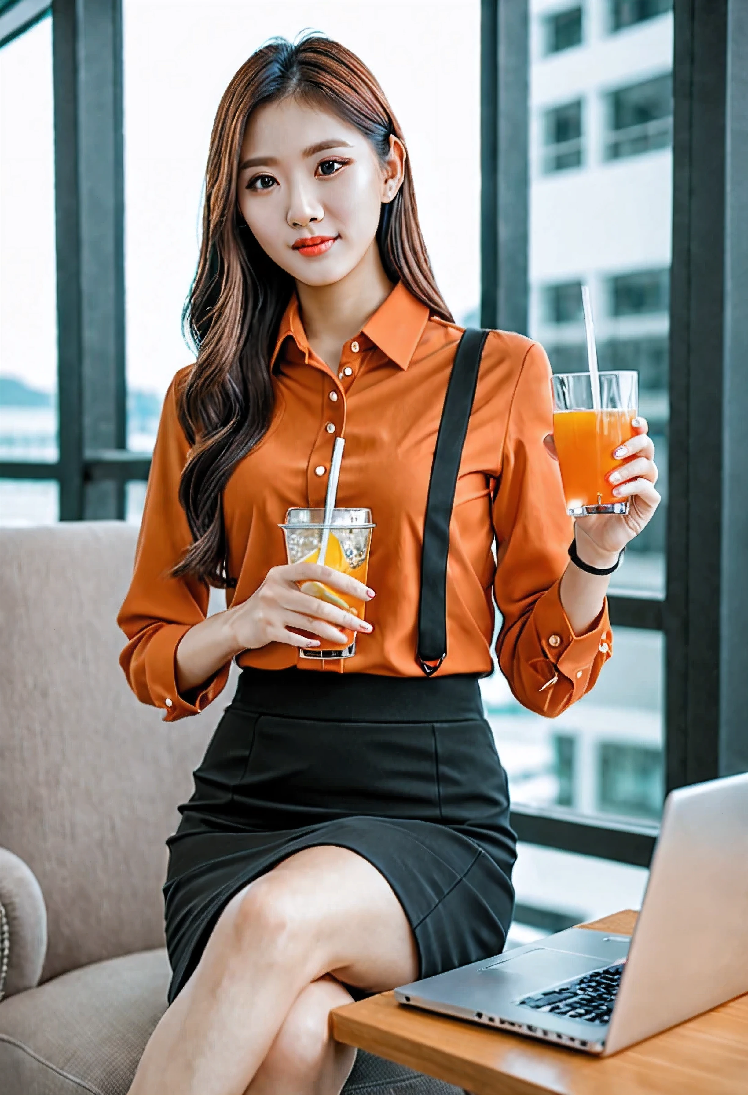 A woman in an orange shirt and black skirt holds a drink and a laptop..., Korean girl, นางแบบแฟชั่นkorean woman, korean woman, beautiful south korean woman, gorgeous young korean woman, beautiful young korean woman, Sakimi-chan, a young asian woman, Business Clothing, office clothes, attractive woman, asian woman, business woman, young business woman, young asian woman