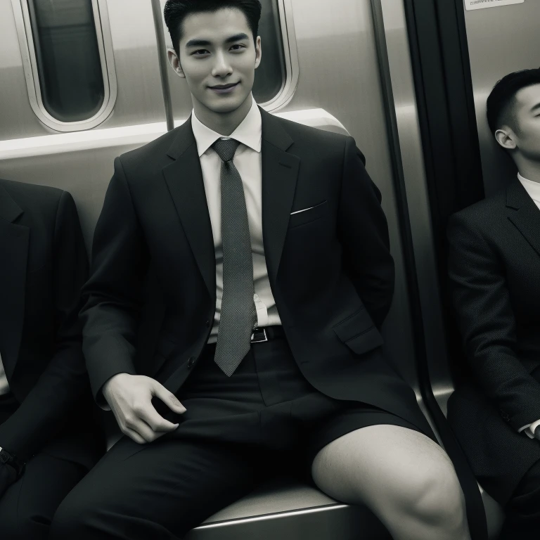 man in the subway, Ultra-flat head,Wearing a suit,huge bulge, leg apart,musculous,Handsome, pervert smirk, Exposing thighs, In crowded subway cars, 16k resolution , ultra-high clarity , hyperrealism , ultra hd picture , uhd , details face , details , handsome man , high quality , Sit next to you、Lean on the man next to you , nsfw , sexy , eroticism