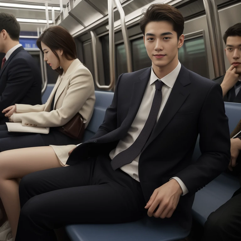  man in the subway， Ultra-flat head，Wearing a suit，huge bulge,  leg apart，musculous，Handsome， pervert smirk， Exposing thighs，  In crowded subway cars， 16k resolution , ultra-high clarity , hyperrealism , ultra hd picture , uhd , details face , details , handsome man , high quality  , Sit next to you、Lean on the man next to you , nsfw , sexy , eroticism
