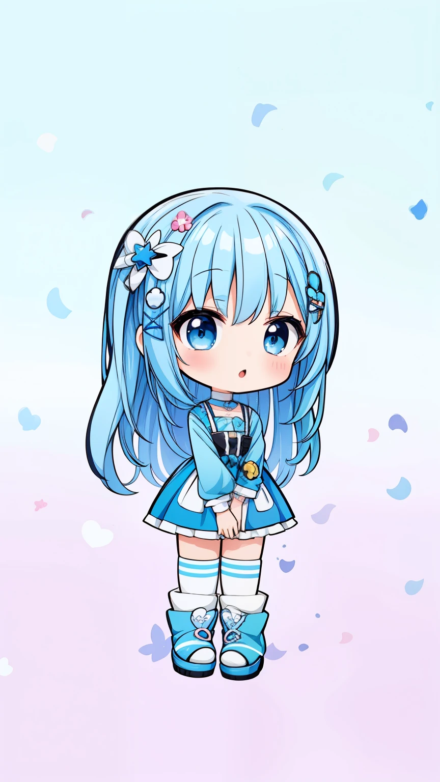 anime girl with blue hair and blue dress holding a cell phone, Change, chibi, anime stylization, advanced digital chibi art, anime chibi, 2D anime style, Change, girl, stylized anime, Anime cute art style, chibi anime girl, mikudayo, Anime manga!! anime girl, chibi girl