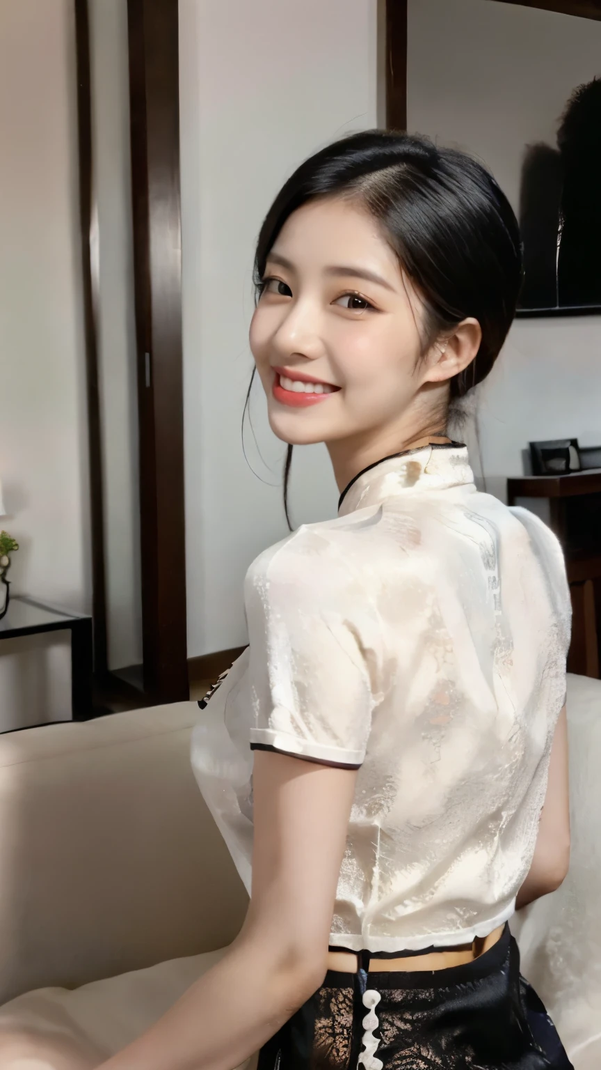 ((Highly detailed, top quality, photo-realistic, 4K)), ((Photo of a Chinese Girl)), 25 years old, (wearing back qipao: 1.3), smiling, sexy red lips. in a modern Asian living room