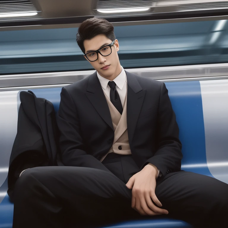 man in the subway, Ultra-flat head,Wearing a suit,huge bulge, leg apart,musculous,Handsome, pervert smirk, Exposing thighs, In crowded subway cars, 16k resolution , ultra-high clarity , hyperrealism , ultra hd picture , uhd , details face , details , handsome man , high quality , Sit next to you、Lean on the man next to you , nsfw , sexy , eroticism , sitting side b side