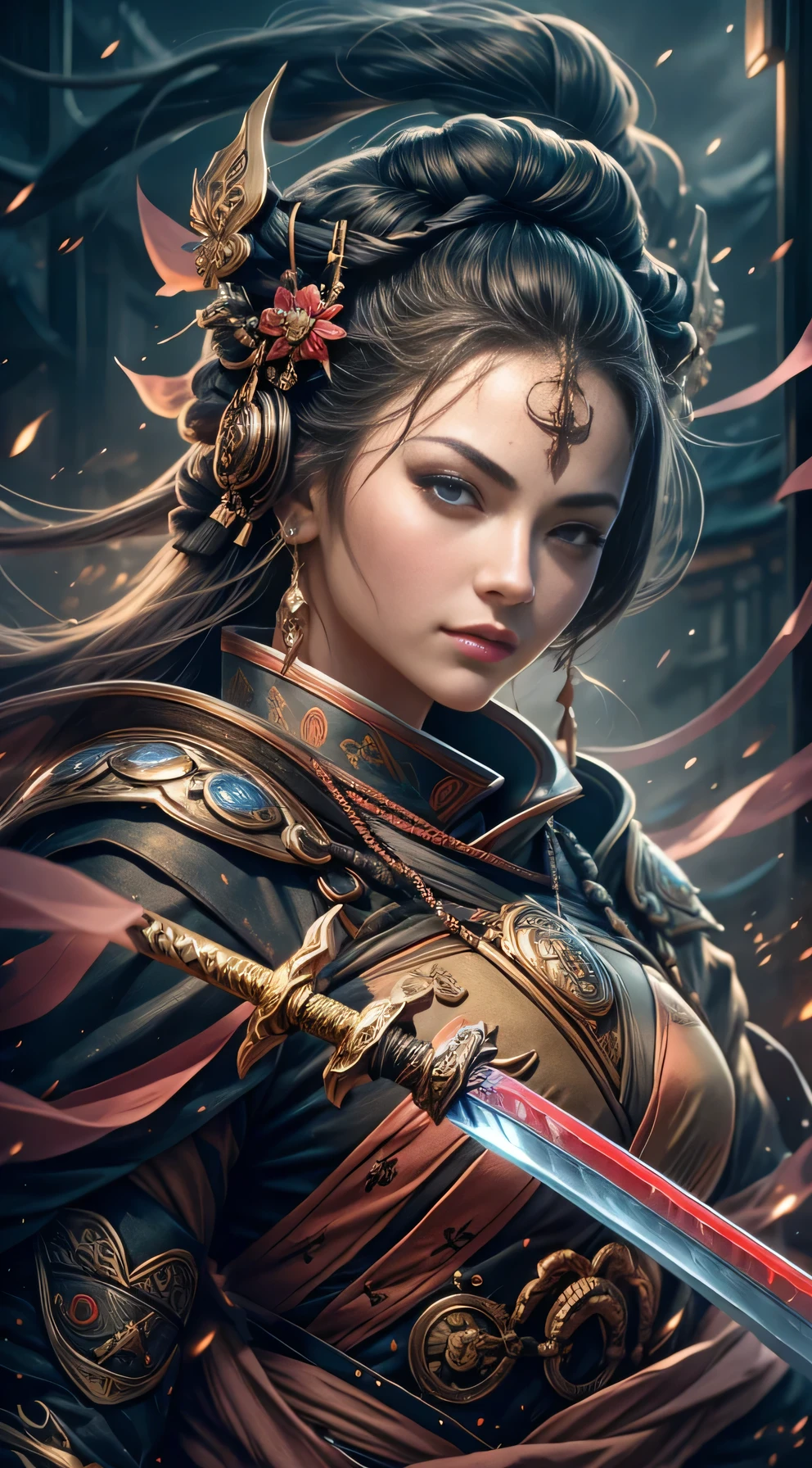 (((Masterpiece))), Almighty cyber samurai girl, Sexy ninja girl, she is facing the camera, (strong pose), She is wondering the streets of Old town Kyoto Japan, Night time beautiful stars are shining, (It is evening time and mystical mist is glimmering all around the city), Mystical vibe, She is stunning beauty, she is wearing cyber samurai armor with neon lights, her armor is black and red and gold, ((Katana)), she has long katana on her back, she is the all mighty goddess of samurai clans of old mythological Japan, she is radiating strength and power, her beauty is mesmerizing, Old streets of koyty, old oil laps hanging, mystery, magical, mystical masterpiece
