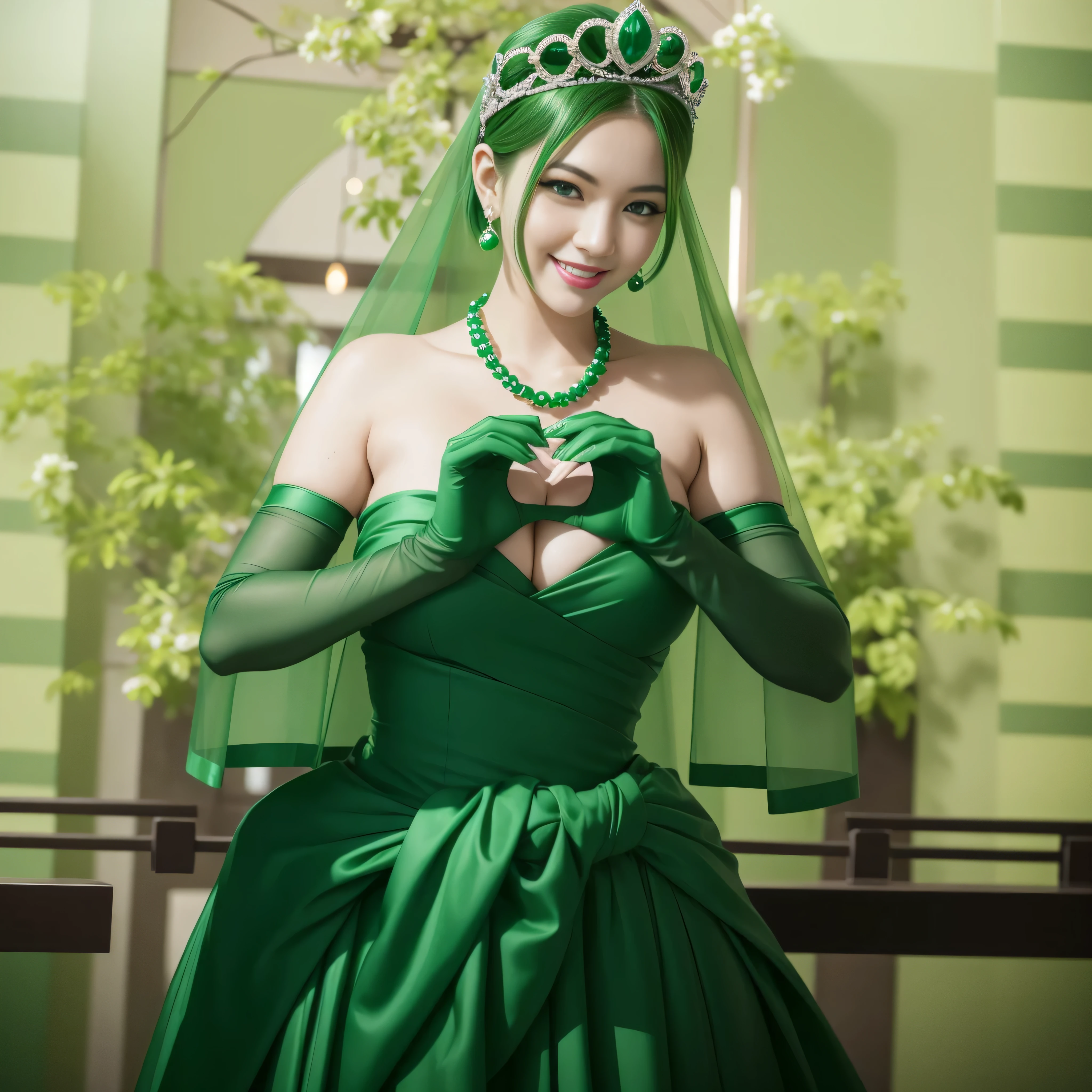 emerald tiara, green pearl necklace, ボーイッシュな非常に短いgreen hair, lipstick, smiling Japanese woman, very short hair, Beauty with large breasts, green eyes, Long Green Satin Gloves, green eyes, emerald earrings, green veil, heart with both hands, green hair, beautiful japanese woman, heart shaped hand:1.3, green lip gloss