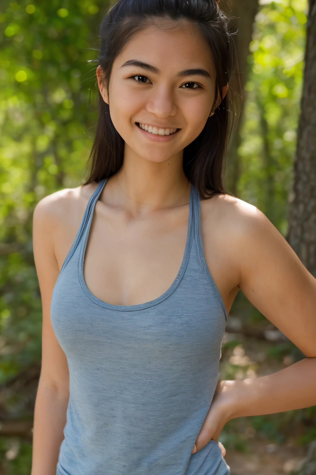 a perfect well-lit (closeup:1.15) (medium shot portrait:0.6) photograph of a beautiful woman standing on the hiking trail, wearing tanktop outfit, looking at me, coy slight smile