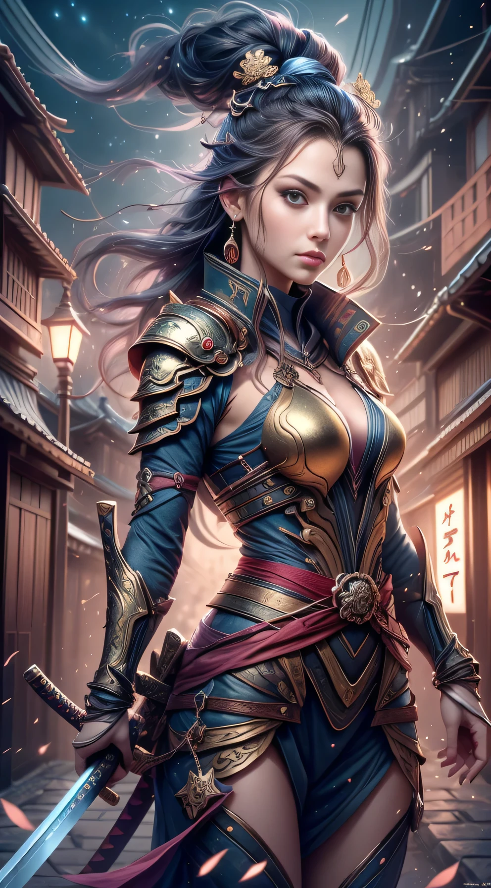 (((Masterpiece))), Almighty cyber samurai girl, Sexy ninja girl, she is facing the camera, (strong pose), She is wondering the streets of Old town Kyoto Japan, Night time beautiful stars are shining, (It is evening time and mystical mist is glimmering all around the city), Mystical vibe, She is stunning beauty, she is wearing cyber samurai armor with neon lights, her armor is black and red and gold, ((Katana)), she has long katana on her back, she is the all mighty goddess of samurai clans of old mythological Japan, she is radiating strength and power, her beauty is mesmerizing, Old streets of koyty, old oil laps hanging, mystery, magical, mystical masterpiece