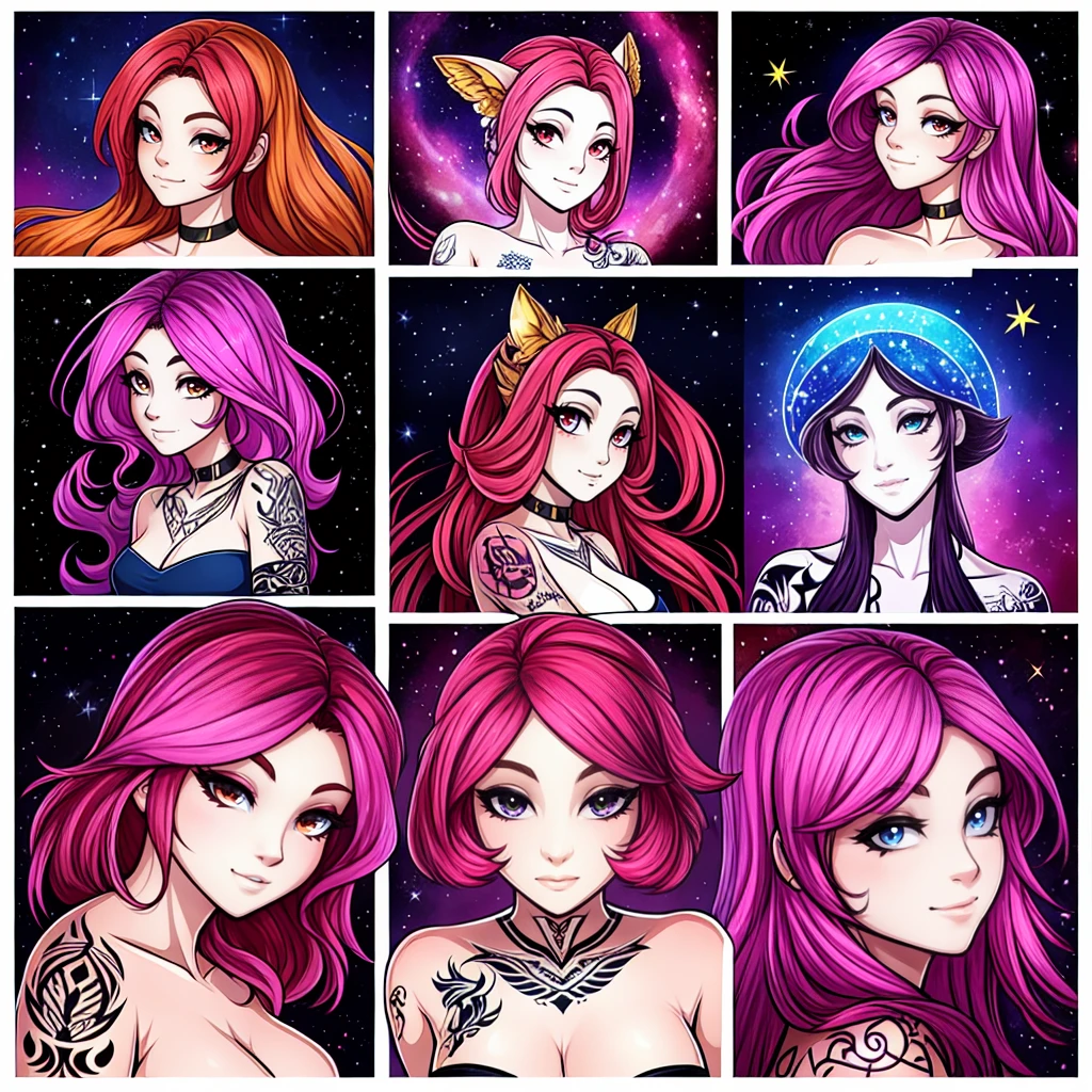 Neotraditionnal tattoo style, femme de 28 ans avec de long cheveux bruns, trés séduisante, magnifique, portrait tattoo, poses sexy,femme avec un beau regard, reine des constellations et planètes, colorfull, wonderfull vibrants colors