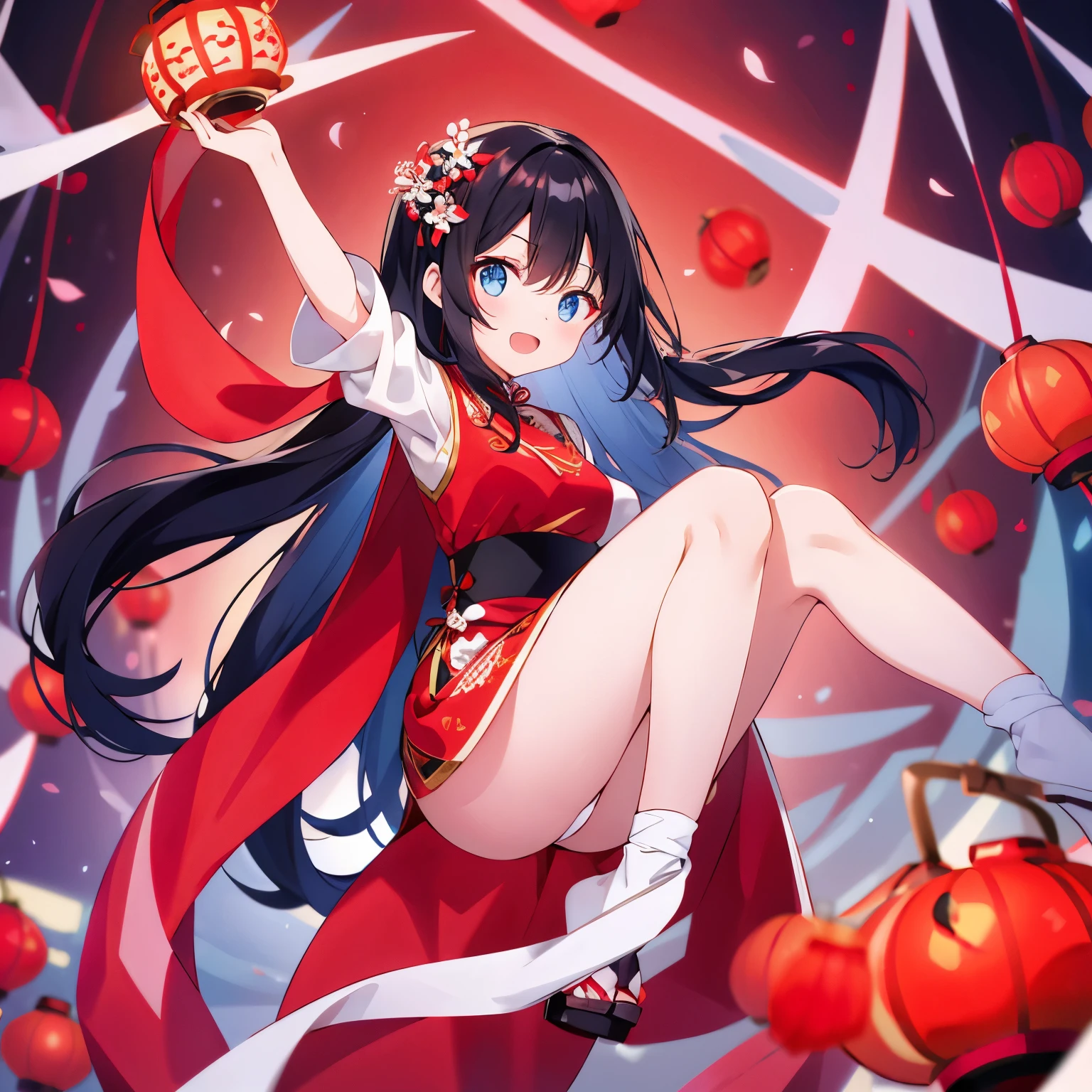 long black hair，Light blue eyes，White cheongsam decorated with red plum patterns，Red shawl decorated with osmanthus pattern，Carrying a red lantern，jump up