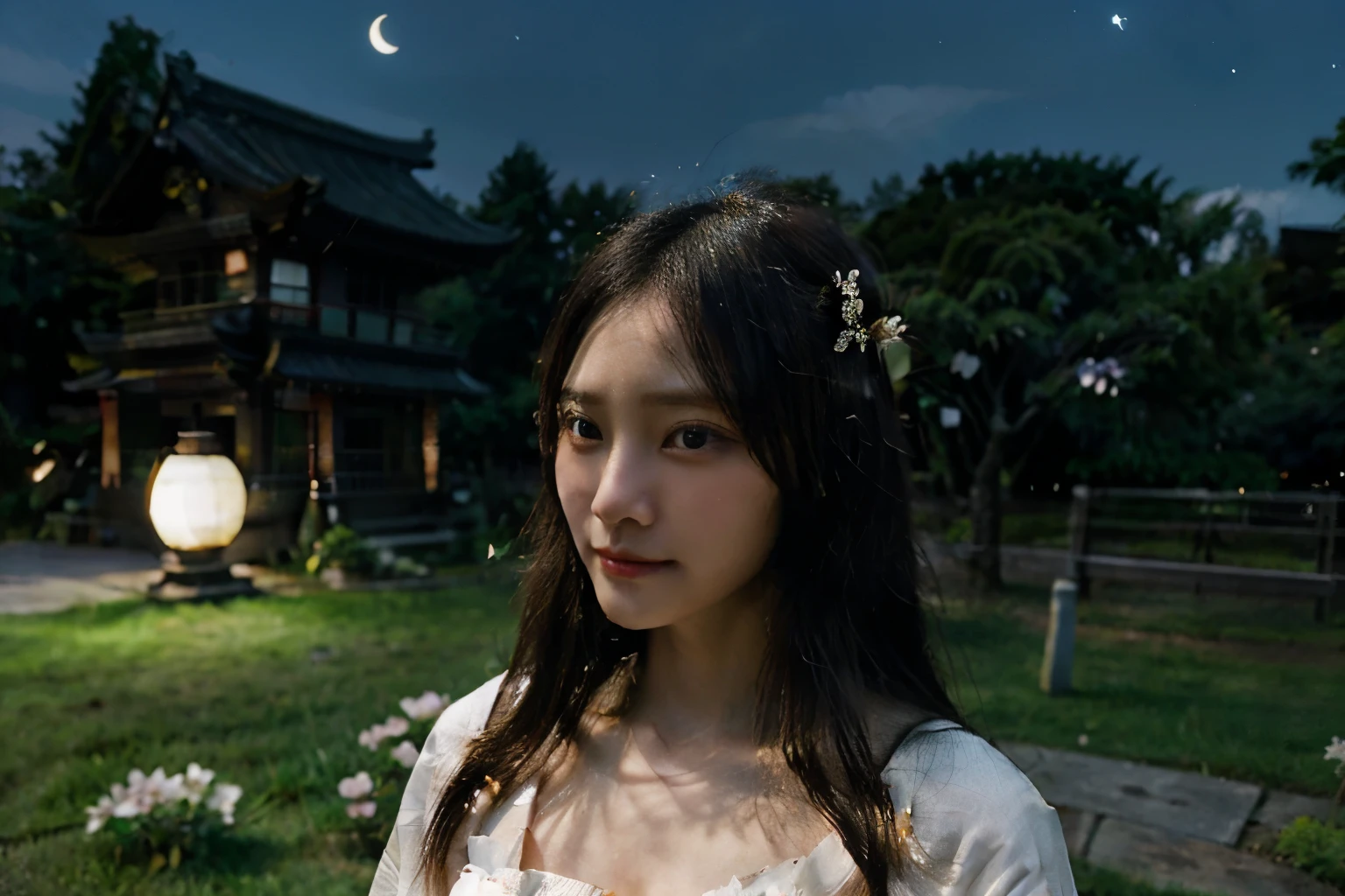 Ayyub Pandawa 
Realism, real light and shadow, shallow depth of field. The night is full of stars and moon. A Taiwanese beauty is admiring flowers on the grass. She is wearing a thin deep-V strapless Japanese kimono. There is a Japanese shrine and a torii gate behind her. There are cherry blossom trees and maple trees all around, and the petals are flying in the wind. In the air and on the ground, fireflies are flying everywhere