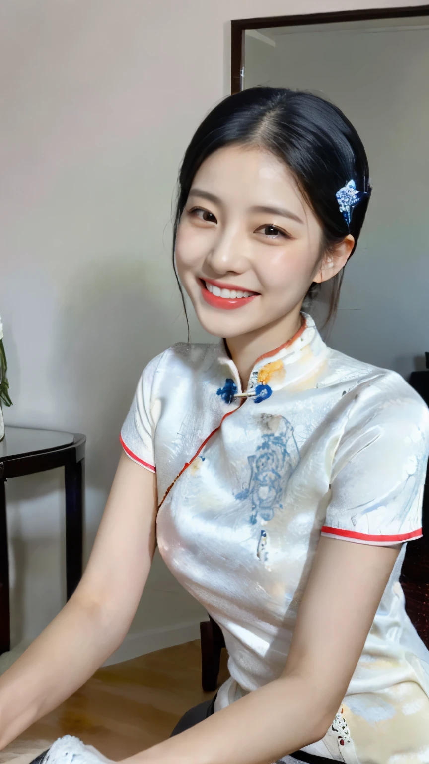 ((Highly detailed, top quality, photo-realistic, 4K)), ((Photo of a Chinese Girl)), 25 years old, (wearing blue qipao: 1.5), smiling, sexy red lips. in a eastern living room