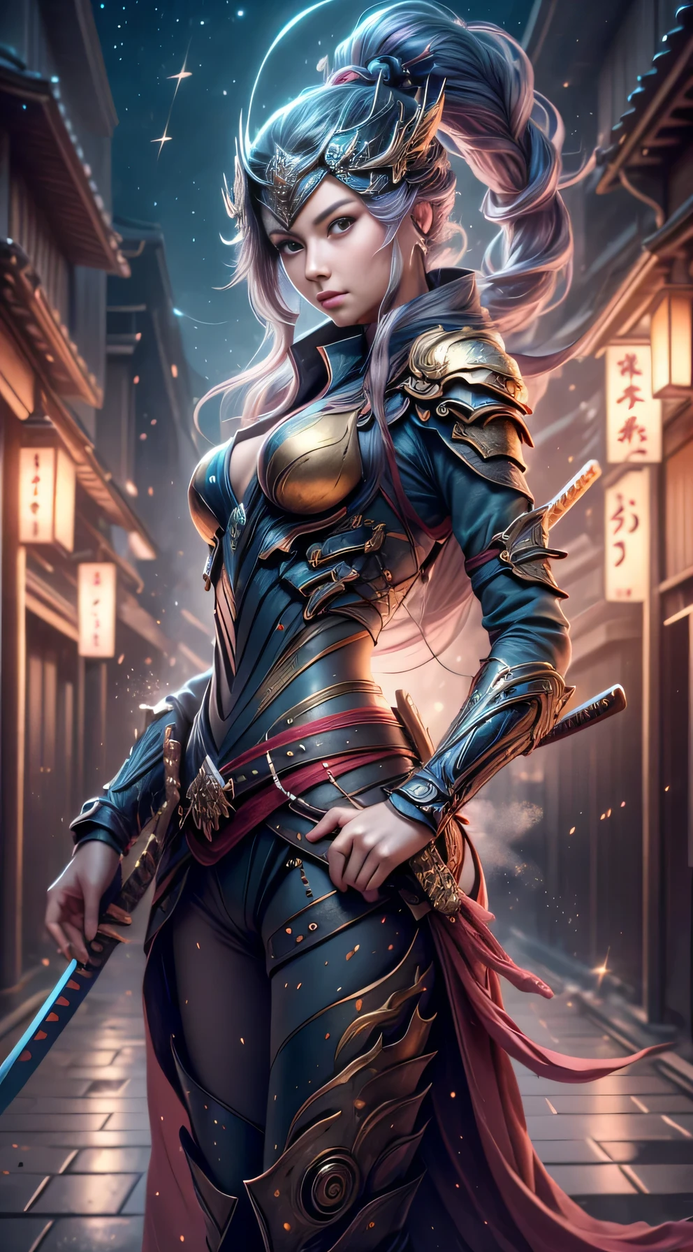 (((Masterpiece))), Almighty cyber samurai girl, Sexy ninja girl, she is facing the camera, (strong pose), She is wondering the streets of Old town Kyoto Japan, Night time beautiful stars are shining, (It is evening time and mystical mist is glimmering all around the city), Mystical vibe, She is stunning beauty, she is wearing cyber samurai armor with neon lights, her armor is black and red and gold, ((Katana)), she has long katana on her back, she is the all mighty goddess of samurai clans of old mythological Japan, she is radiating strength and power, her beauty is mesmerizing, Old streets of koyty, old oil laps hanging, mystery, magical, mystical masterpiece