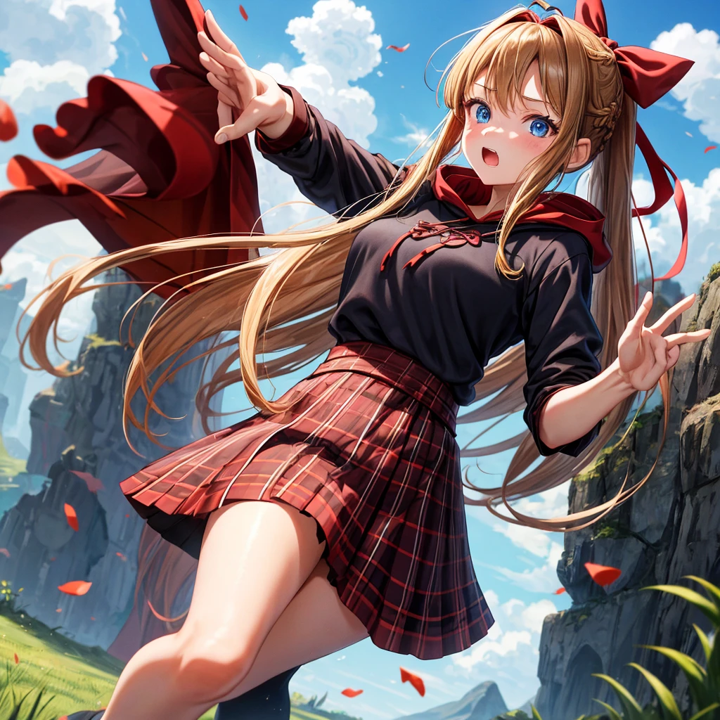 reddish-brown blonde、blue eyes、Braid、ponytail、one good looking girl、solo、anime、Plaid miniskirt、camisole、black t-shirt、Tilting your face、Doing the ribbon、Ribbon at waist、cloak、Crystal Grotto、wearing a hood、grass、clouds are swirling、slate、One hand is raised、China