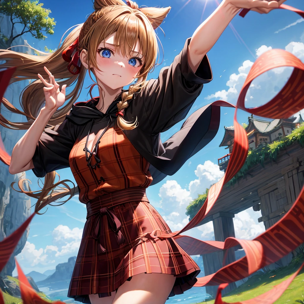 reddish-brown blonde、blue eyes、Braid、ponytail、one good looking girl、solo、anime、Plaid miniskirt、camisole、black t-shirt、Tilting your face、Doing the ribbon、Ribbon at waist、cloak、Crystal Grotto、wearing a hood、grass、clouds are swirling、slate、One hand is raised、China