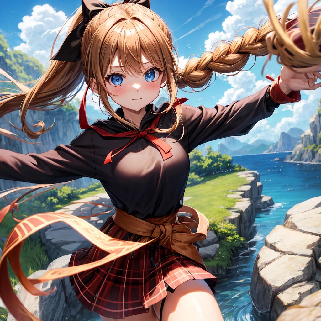 reddish-brown blonde、blue eyes、Braid、ponytail、one good looking girl、solo、anime、Plaid miniskirt、camisole、black t-shirt、Tilting your face、Doing the ribbon、Ribbon at waist、cloak、Crystal Grotto、wearing a hood、grass、clouds are swirling、slate、One hand is raised、China