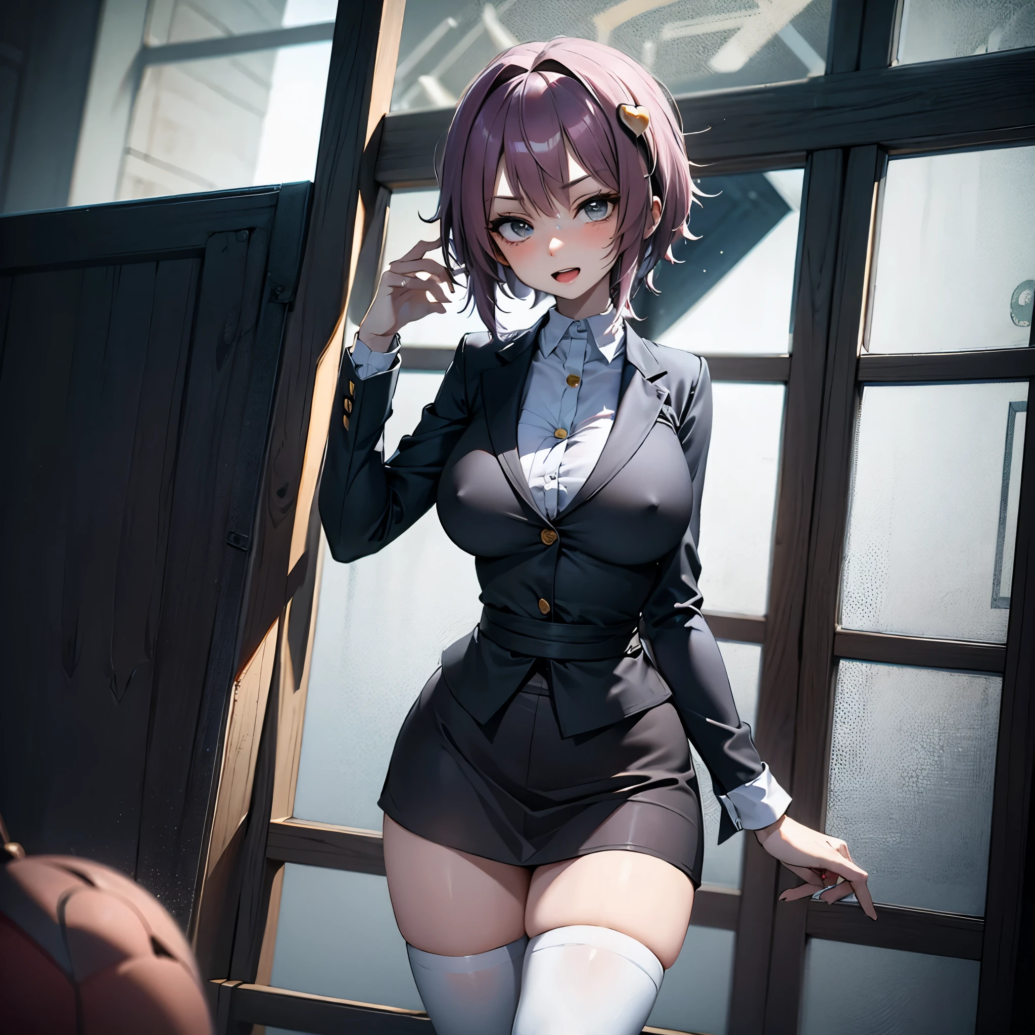 (Satori toho character:1.1), (solo), (standing), (stained glass), BREAK, short hair, (huge perky breasts), bursting breasts, (inconceivably thin waist:1.2), (very long legs), BREAK, (black blazer:1.3), (black thighhighs:1.35), (very short black high-waist skirt:1.3) cinches waist too tight, (highheels), BREAK, nose blush, sad smile, open mouth, BREAK, masterpiece, ultra-detailed, full body