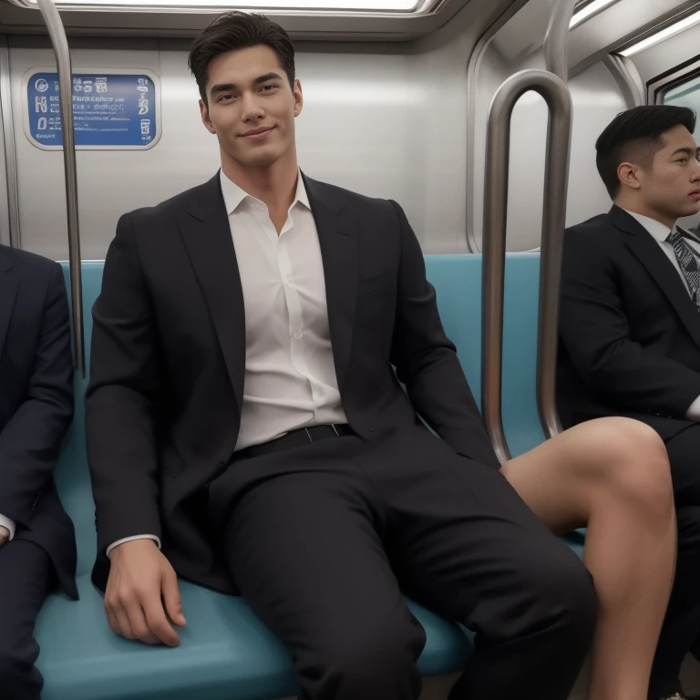 man in the subway， Ultra-flat head，Wearing a suit，huge bulge, leg apart，musculous，Handsome， pervert smirk， Exposing thighs， In crowded subway cars， 16k resolution , ultra-high clarity , hyperrealism , ultra hd picture , uhd , details face , details , handsome man , high quality , Sit next to you、Lean on the man next to you , nsfw , sexy , eroticism , sitting side by side , wearing thong , big thighs , penis , big ass , thighs high , raise your legs
