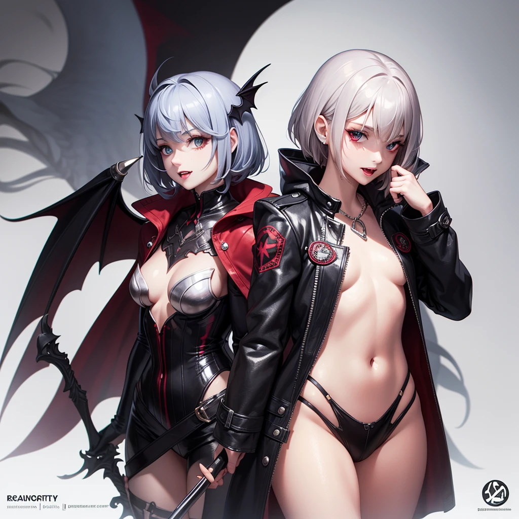 vampire girl, scarlet eyes, fangs, (short hair : silver roots, black tips), poster, anime, ultra quality, small parts, wings, detailed two-handed sword, openable raincoat, naked body, A naïve face, fantasy, latex and leather, Digital art, without inscriptions, NO WATERMARK, model appearance : 120-50-70