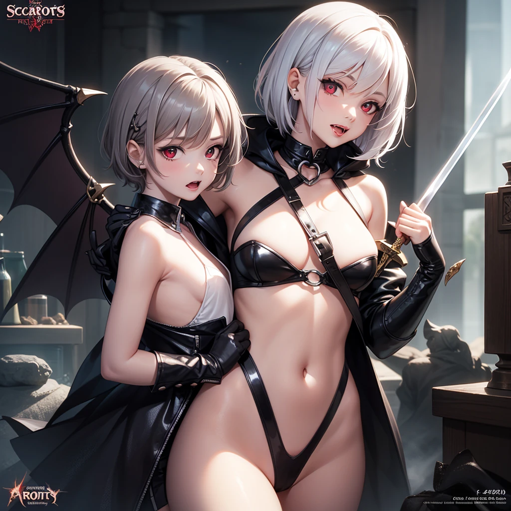 vampire girl, scarlet eyes, fangs, (short hair : silver roots, black tips), poster, anime, ultra quality, small parts, wings, detailed two-handed sword, openable raincoat, naked body, A naïve face, fantasy, latex and leather, Digital art, without inscriptions, NO WATERMARK, model appearance : 120-50-70