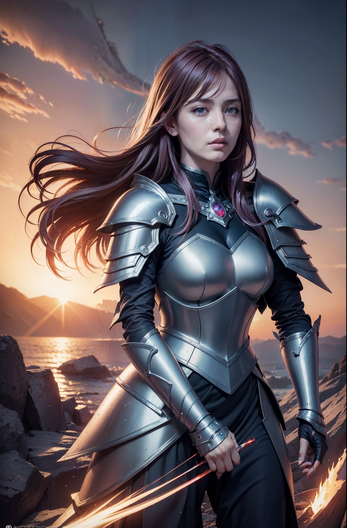 (best quality,4k,8k,highres,masterpiece:1.2),ultra-detailed,(realistic,photorealistic,photo-realistic:1.37),beautiful warrior,red hair,jade green eyes,shiny sword,detailed armor,intense gaze,battlefield background,heroic stance,warrior princess,glowing aura,epic battle,flying hair,warrior's determination,splashes of blood,dust and smoke,exquisite details,gritty texture,glistening armor,majestic presence,masterpiece creation,masterful strokes,alluring figure,vivid colors,chivalrous knight,warrior's spirit,eerie and gloomy night,red moonlight,warrior's honor,determination in her eyes,confident and fearless