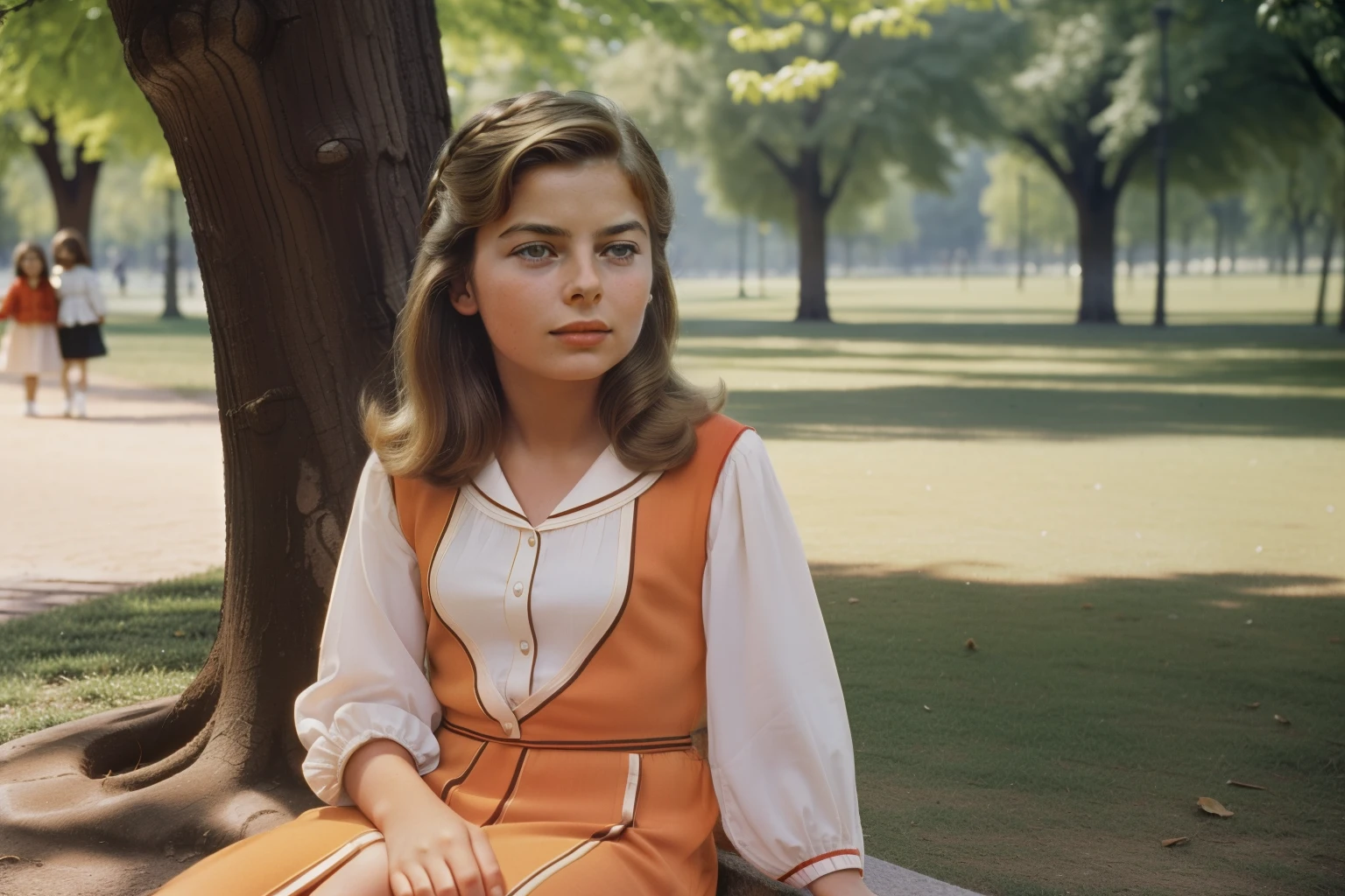 Madrid, Spain, 1973. A young ((((10-year-old)) Ingrid Bergman)), at the Retiro park. ((((clothings from the 1970s)))), ((hairstyle of the 1970s))