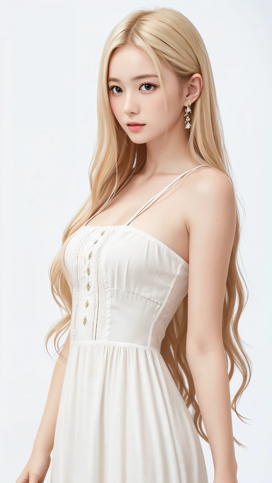 ((upper body shot))、Russian、white people、blonde、long hair、nordic、girl、美girl、dress、シースルーdress、1girl in, age25, Solo, Looking at Viewer, Brown eyes, Realistic, A sexy、美girl、well-groomed face、masterpiece、beautiful woman, (highest quality:1.2), [:intricate details:0.2],white background、simple background、dynamic pose