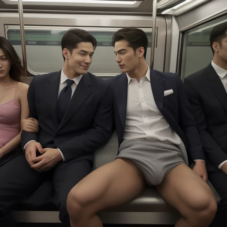 man in the subway, Ultra-flat head,Wearing a suit,huge bulge, leg apart,musculous,Handsome, pervert smirk, Exposing thighs, In crowded subway cars, 16k resolution , ultra-high clarity , hyperrealism , ultra hd picture , uhd , details face , details , handsome man , high quality , Sit next to you、Lean on the man next to you , nsfw , sexy , eroticism , sitting side by side , wearing string thong