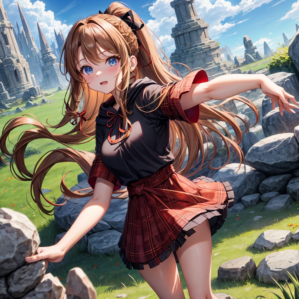 reddish-brown blonde、blue eyes、Braid、ponytail、one good looking girl、solo、anime、Plaid miniskirt、camisole、black t-shirt、dress、Doing the ribbon、Ribbon at waist、cloak、Crystal Grotto、wearing a hood、grass、clouds are swirling、stone slabs are piled up、One hand is raised