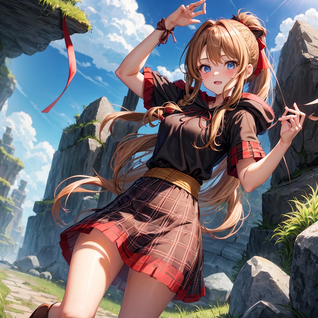 reddish-brown blonde、blue eyes、Braid、ponytail、one good looking girl、solo、anime、Plaid miniskirt、camisole、black t-shirt、dress、Doing the ribbon、Ribbon at waist、cloak、Crystal Grotto、wearing a hood、grass、clouds are swirling、stone slabs are piled up、One hand is raised