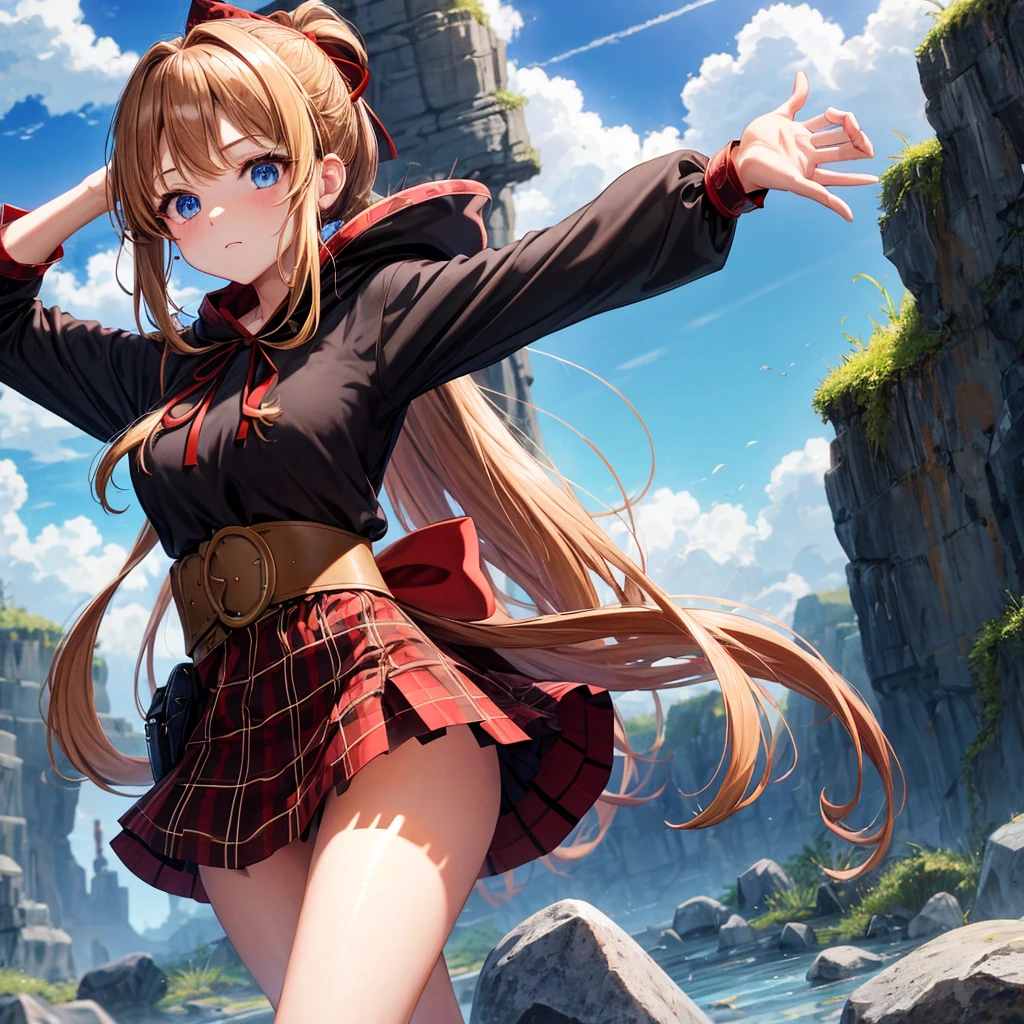 reddish-brown blonde、blue eyes、Braid、ponytail、one good looking girl、solo、anime、Plaid miniskirt、camisole、black t-shirt、dress、Doing the ribbon、Ribbon at waist、cloak、Crystal Grotto、wearing a hood、grass、clouds are swirling、stone slabs are piled up、One hand is raised