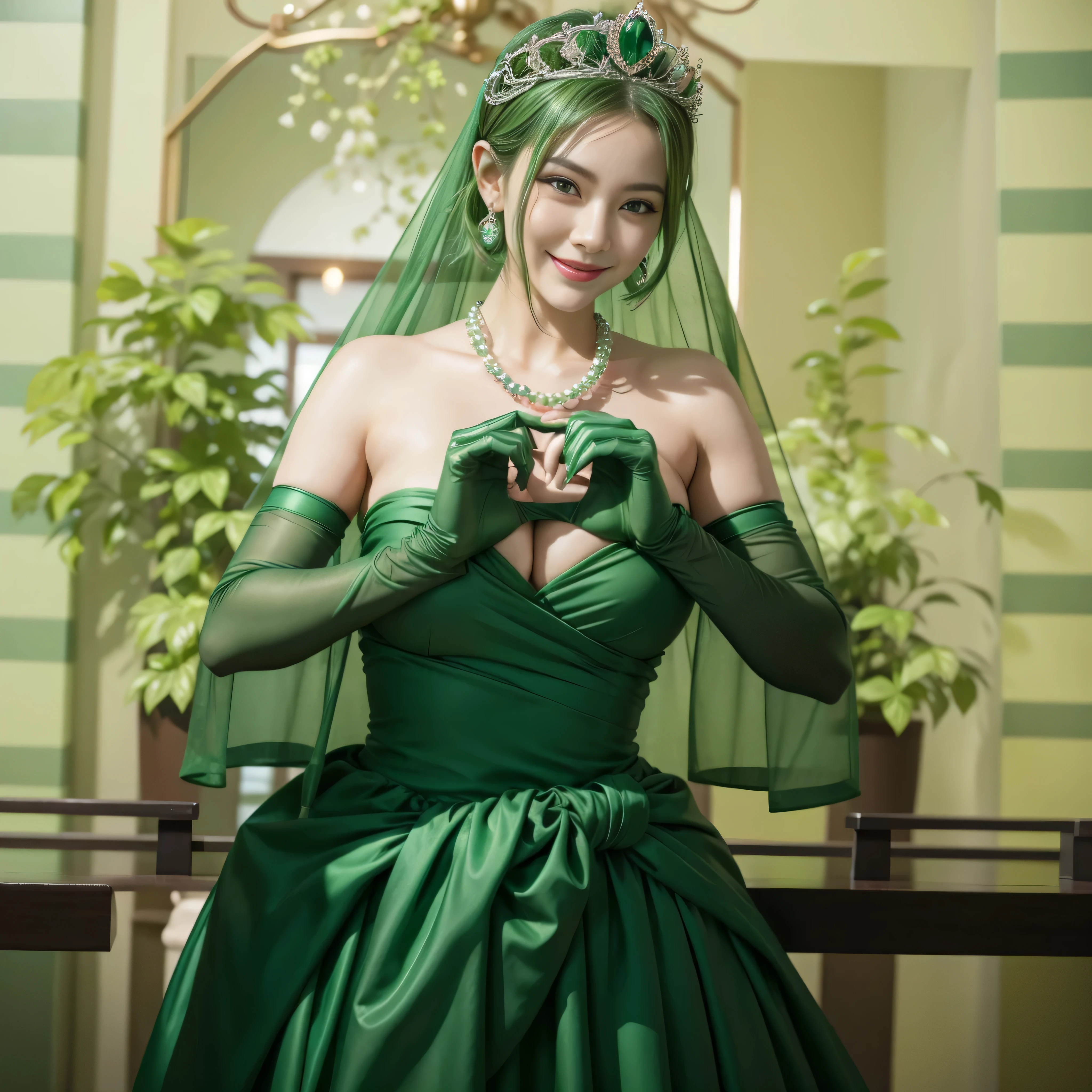 emerald tiara, green pearl necklace, ボーイッシュな非常に短いgreen hair, lipstick, smiling Japanese woman, very short hair,  Beauty with large breasts, green eyes, Long Green Satin Gloves, green eyes, emerald earrings, green veil, heart with both hands, green hair, beautiful japanese woman, heart shaped hand:1.3, green lip gloss