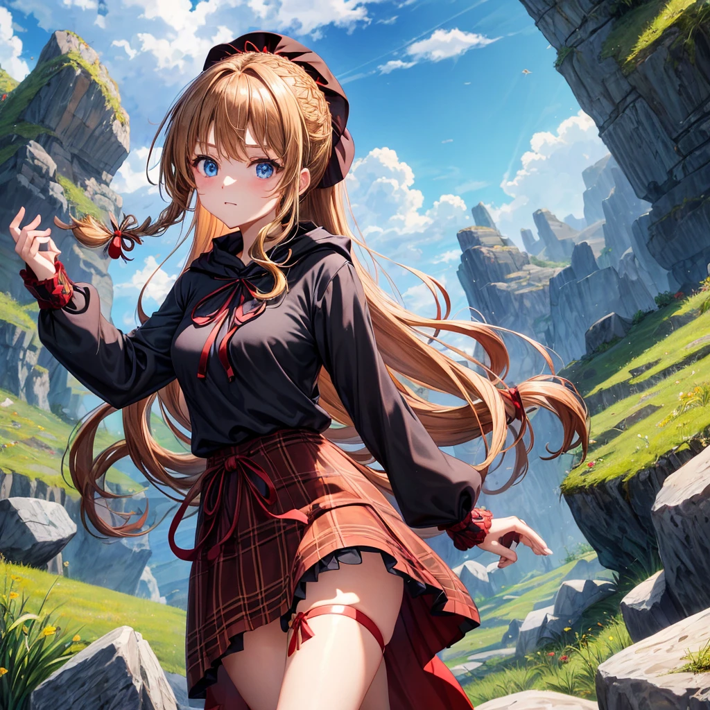 reddish-brown blonde、blue eyes、Braid、ponytail、one good looking girl、solo、anime、Plaid miniskirt、camisole、black t-shirt、dress、Doing the ribbon、Ribbon at waist、cloak、Crystal Grotto、wearing a hood、grass、clouds are swirling、stone slabs are piled up、One hand is raised