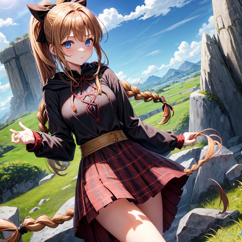 reddish-brown blonde、blue eyes、Braid、ponytail、one good looking girl、solo、anime、Plaid miniskirt、camisole、black t-shirt、dress、Doing the ribbon、Ribbon at waist、cloak、Crystal Grotto、wearing a hood、grass、clouds are swirling、stone slabs are piled up、One hand is raised