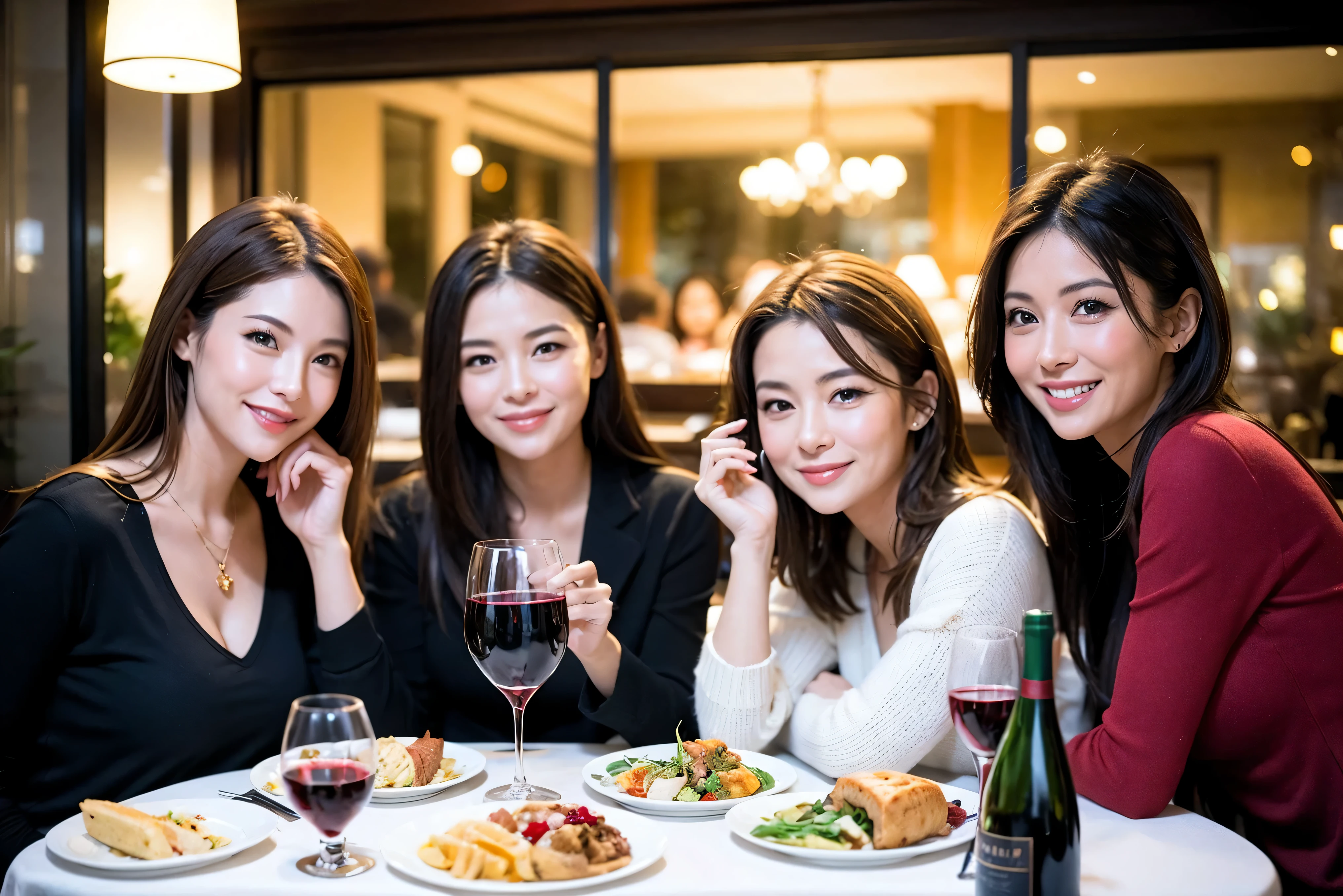 64k, UHD, highest quality, masterpiece: 1.2), (realistic, photorealistic: 1.37), Super detailed, celebration party、beauty、Charm、beautiful mature woman、3 women who love wine、three men、luxury hotel、champagne、Sparkling wine、winter night、restaurantでワイン宴会、(slimな男女4名),(Wine party for 5 people)、(slimフェイス),Happy、 最高なsmile、Fox Face、Berry Short、(because I'thin), (brown hair), (shortcut), long sleeve shirt、winter fashion、Colombia、Brazilian、Japanese、Dutch、German、Portuguese、Belgian、Italian、french, (gushing), (slimボティ), (brown hair), (shortcut), 端正なbeauty、cheeks blush a little, (41 years old), 38 years old, 35 years old、32 years old、 A beautiful and detailed night view spreads out outside the window........, restaurant, wine glassが座っている, At night, in a prominent place (from the Upper body) nova frog style, actress, model, Upper body, White wine, slim, wine glass, very beautiful night view, wine glass Put in the Middle, Happy smile, (smile: 1.15),
