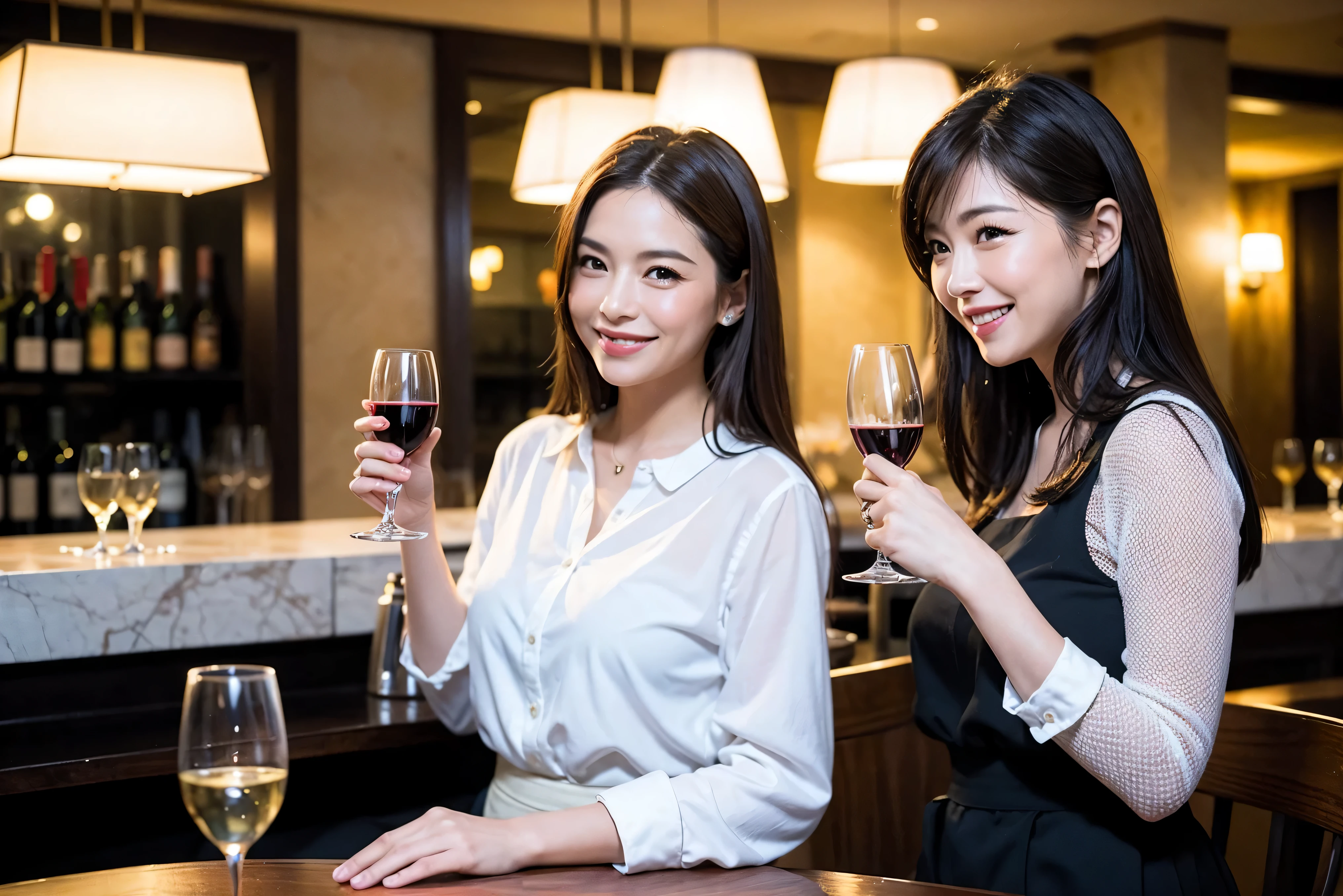 64k, UHD, highest quality, masterpiece: 1.2), (realistic, photorealistic: 1.37), Super detailed, celebration party、beauty、Charm、beautiful mature woman、3 women who love wine、three men、luxury hotel、champagne、Sparkling wine、winter night、restaurantでワイン宴会、(slimな男女4名),(Wine party for 5 people)、(slimフェイス),Happy、 最高なsmile、Fox Face、Berry Short、(because I'thin), (brown hair), (shortcut), long sleeve shirt、winter fashion、Colombia、Brazilian、Japanese、Dutch、German、Portuguese、Belgian、Italian、french, (gushing), (slimボティ), (brown hair), (shortcut), 端正なbeauty、cheeks blush a little, (41 years old), 38 years old, 35 years old、32 years old、 A beautiful and detailed night view spreads out outside the window........, restaurant, wine glassが座っている, At night, in a prominent place (from the Upper body) nova frog style, actress, model, Upper body, White wine, slim, wine glass, very beautiful night view, wine glass Put in the Middle, Happy smile, (smile: 1.15),