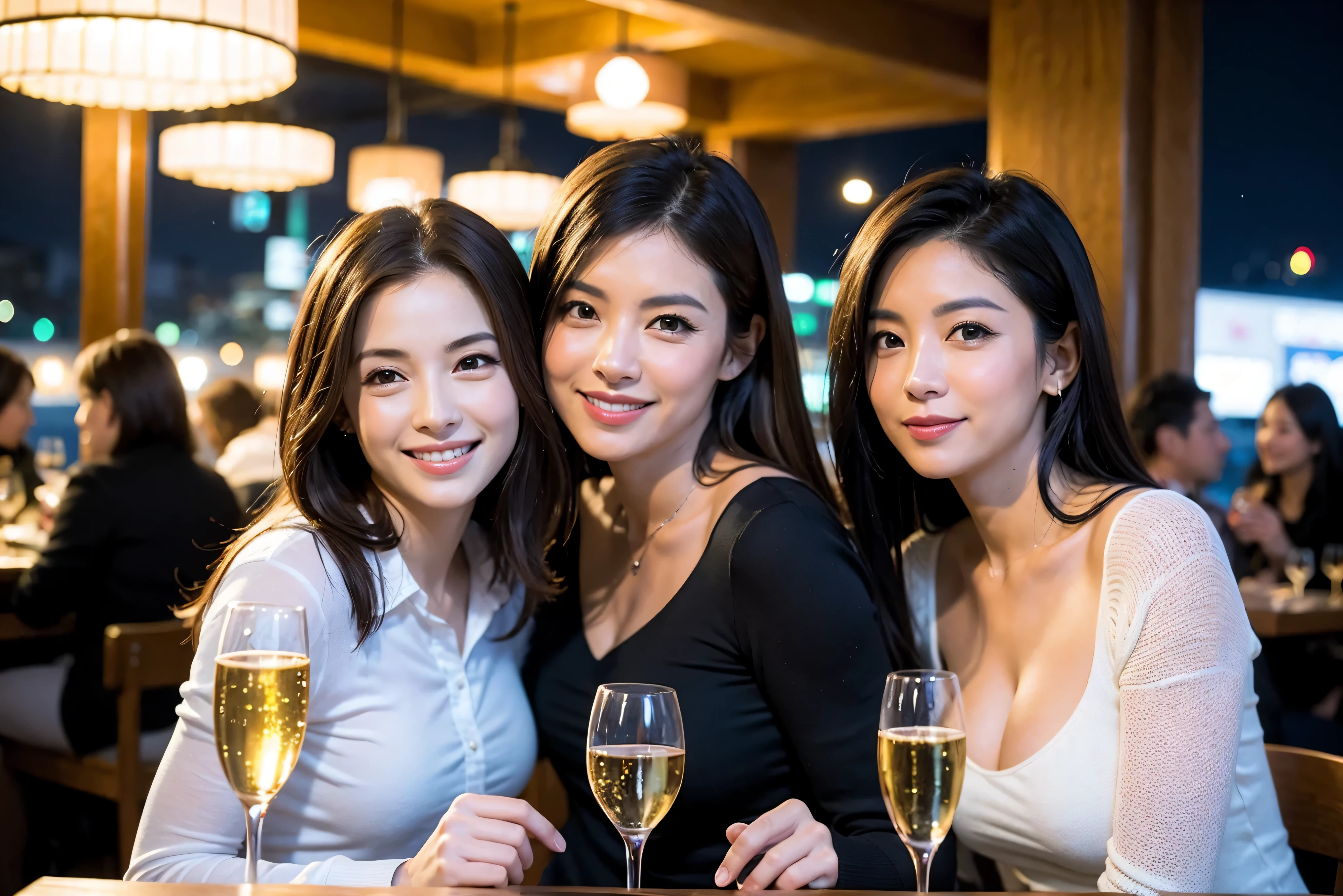 64k, UHD, highest quality, masterpiece: 1.2), (realistic, photorealistic: 1.37), Super detailed, celebration party、beauty、Charm、beautiful mature woman、3 women who love wine、three men、luxury hotel、champagne、Sparkling wine、winter night、restaurantでワイン宴会、(slimな男女4名),(Wine party for 5 people)、(slimフェイス),Happy、 最高なsmile、Fox Face、Berry Short、(because I&#39;thin), (brown hair), (shortcut), long sleeve shirt、winter fashion、Colombia、Brazilian、Japanese、Dutch、German、Portuguese、Belgian、Italian、french, (gushing), (slimボティ), (brown hair), (shortcut), 端正なbeauty、cheeks blush a little, (41 years old), 38 years old, 35 years old、32 years old、 A beautiful and detailed night view spreads out outside the window........, restaurant, wine glassが座っている, At night, in a prominent place (from the Upper body) nova frog style, actress, model, Upper body, White wine, slim, wine glass, very beautiful night view, wine glass Put in the Middle, Happy smile, (smile: 1.15), 