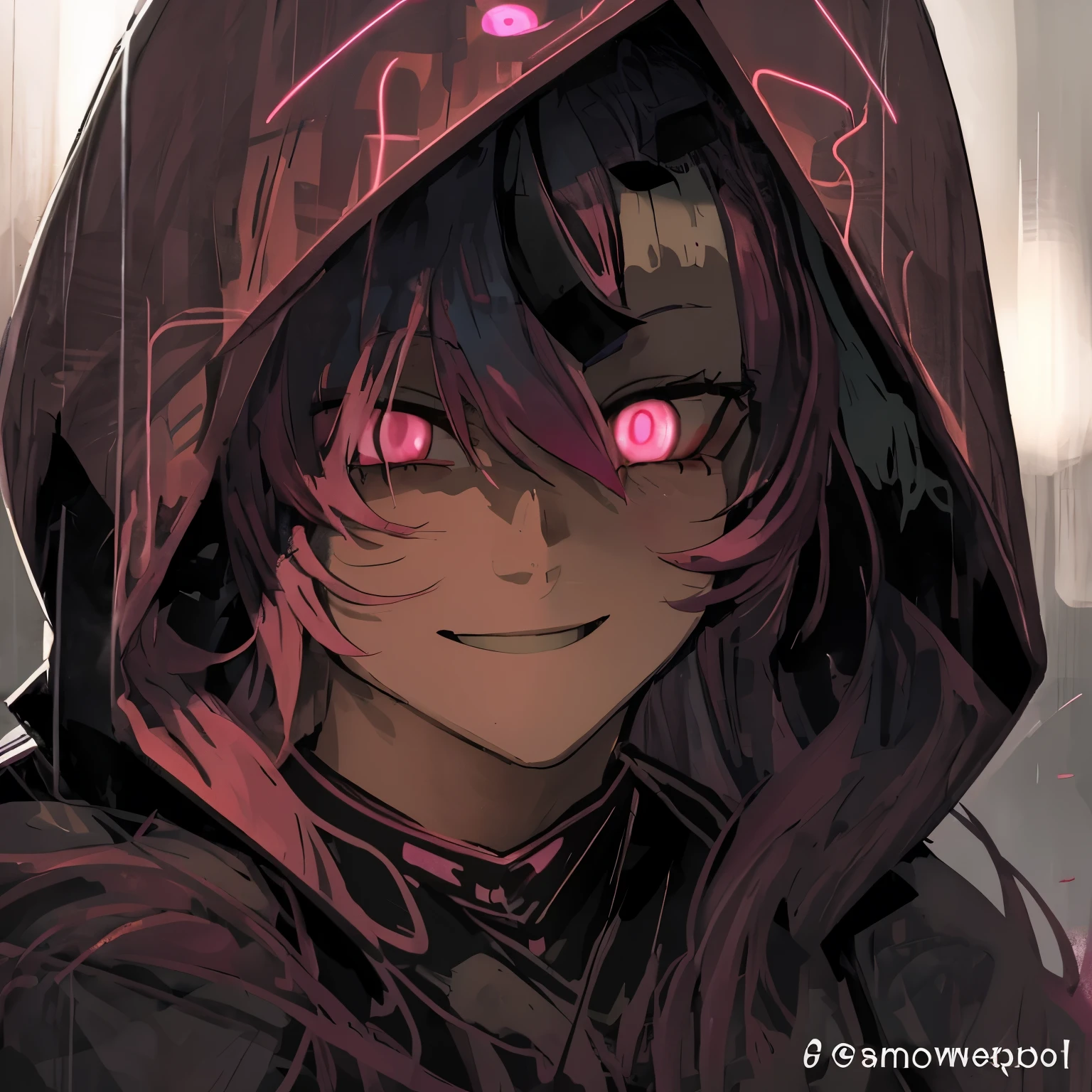 Neon Pink Hair, Smiling Face, Glowing white eyes, Male, Long pink hair,