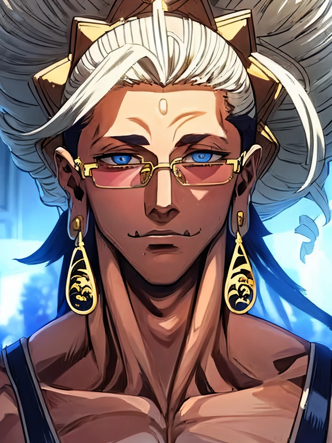 (masterpiece, best quality, ultra-detailed), 1boy, BudaRoR, white hair, blue eyes, earrings, glasses, looking at viewer,