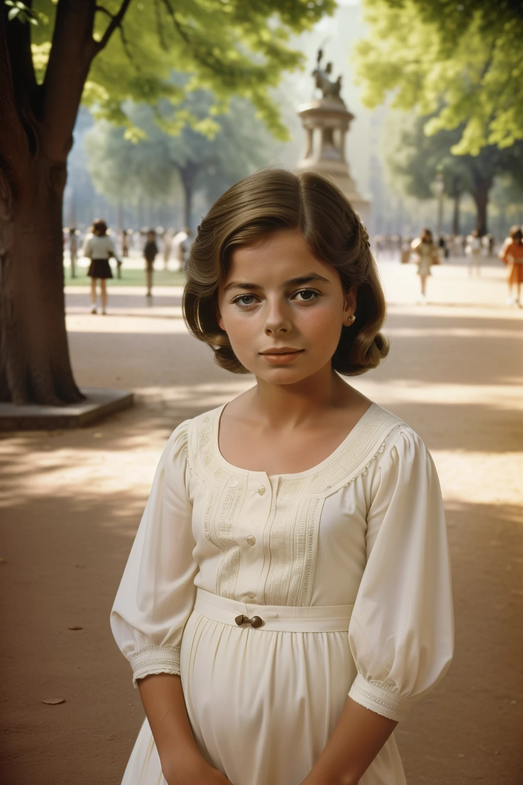 Madrid, Spain, 1973. A young ((((10-year-old)) Ingrid Bergman)), at the Retiro park. ((((clothings from the 1970s)))), ((hairstyle of the 1970s))